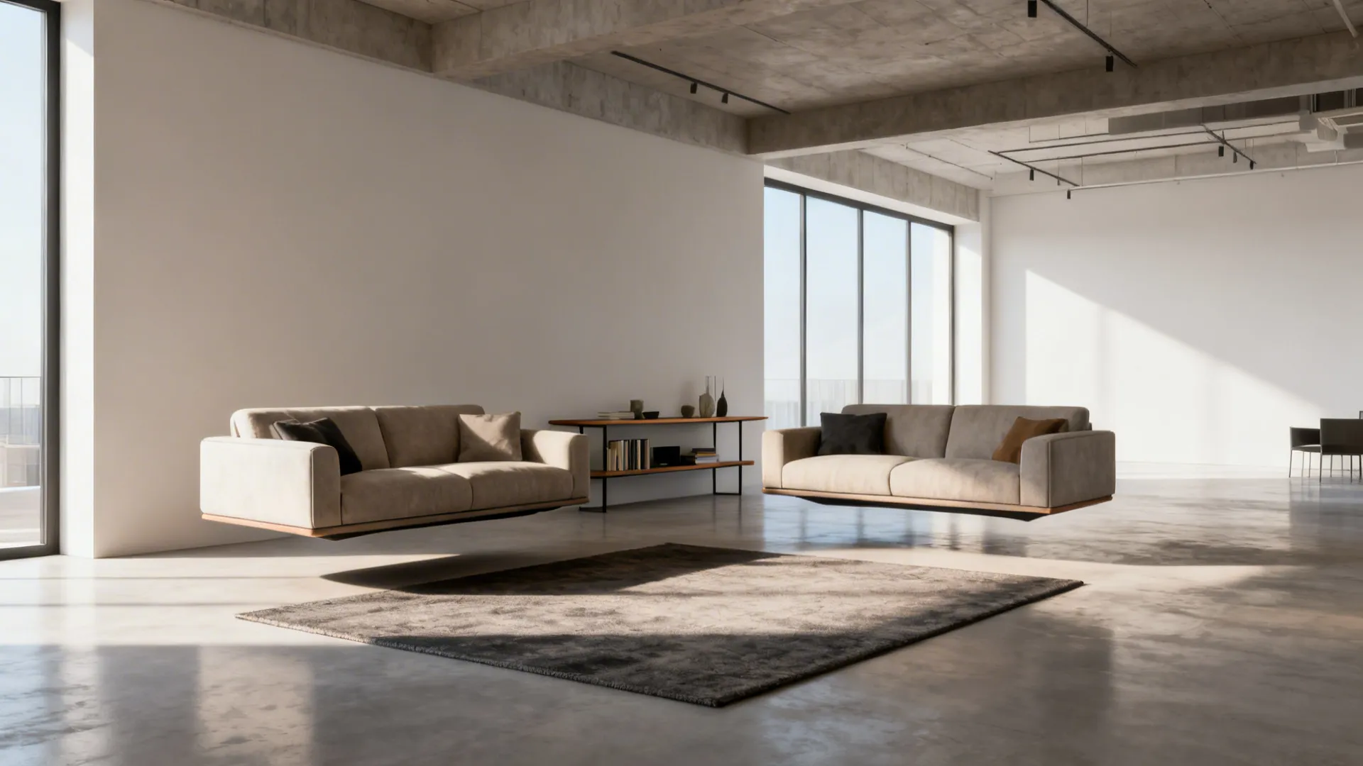 Floating sofas with a slim console behind one piece defining zones in an open-plan studio.