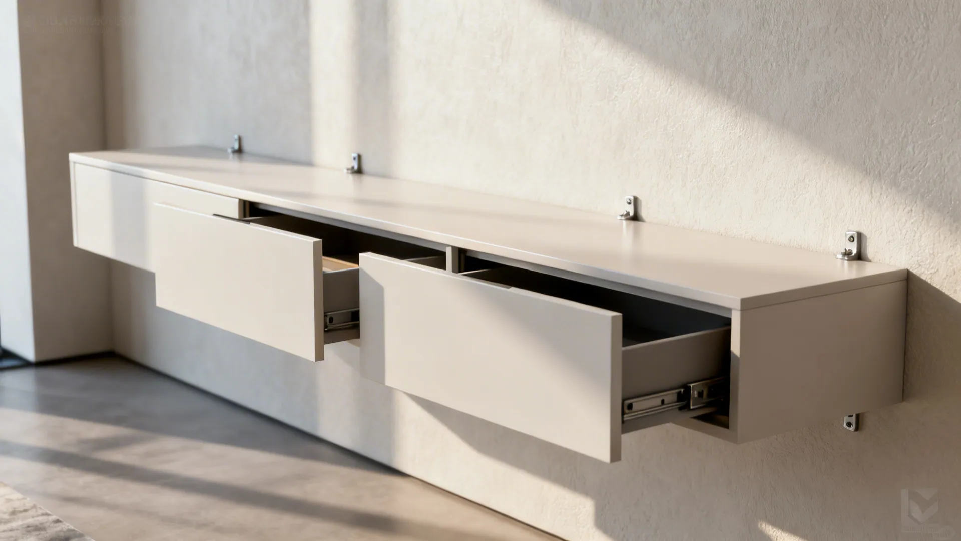 Modern floating console with concealed push-to-open compartments mounted on a wall