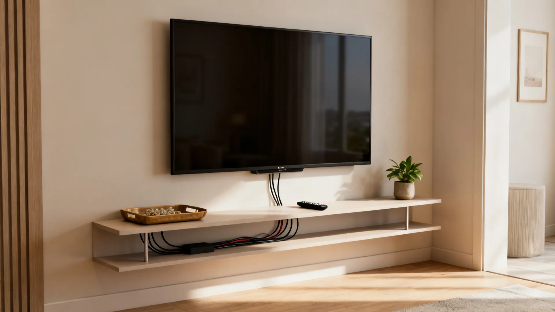 Wall-mounted TV with a slim floating console and tidy accessories creating open floor space.