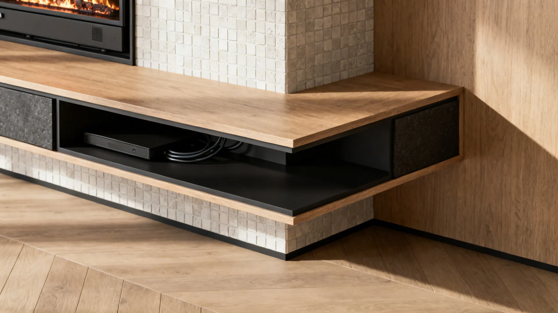 3. Floating Media Console Beside the Hearth