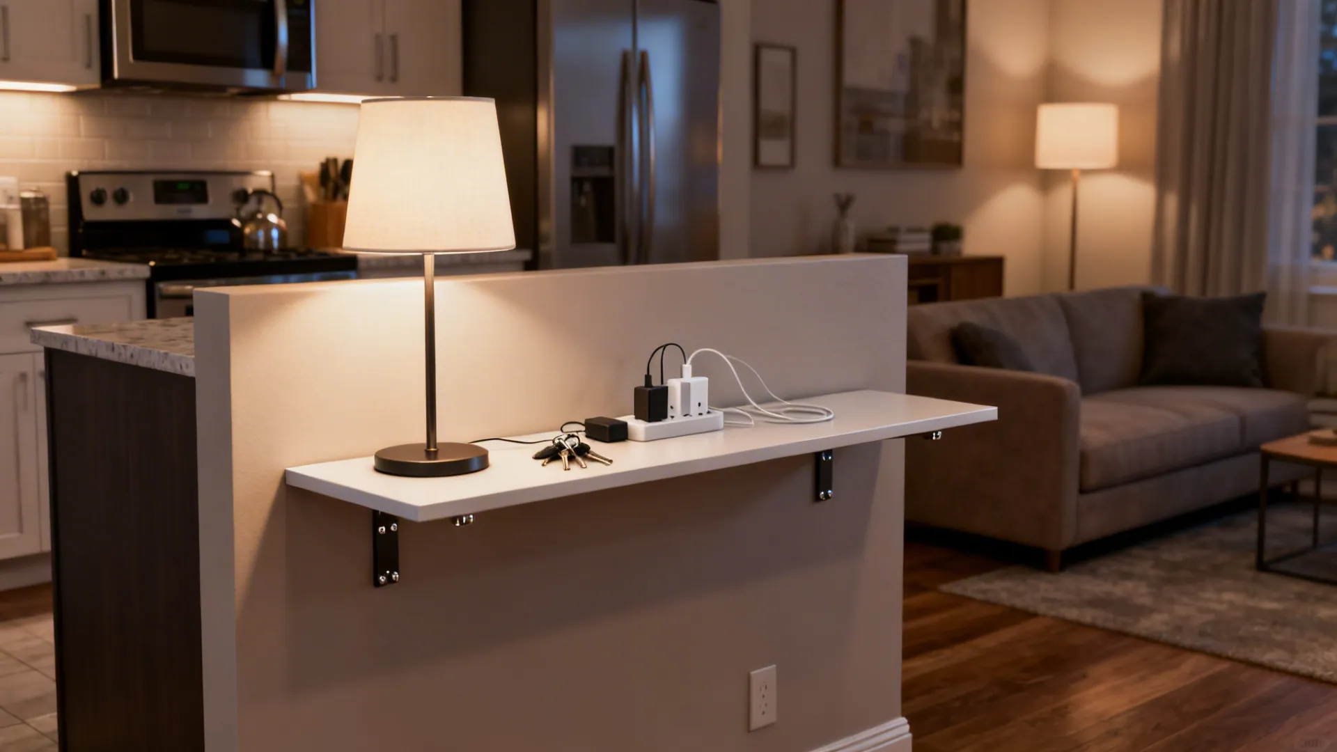 Floating console mounted on a half wall used for a lamp and daily essentials between kitchen and living area.
