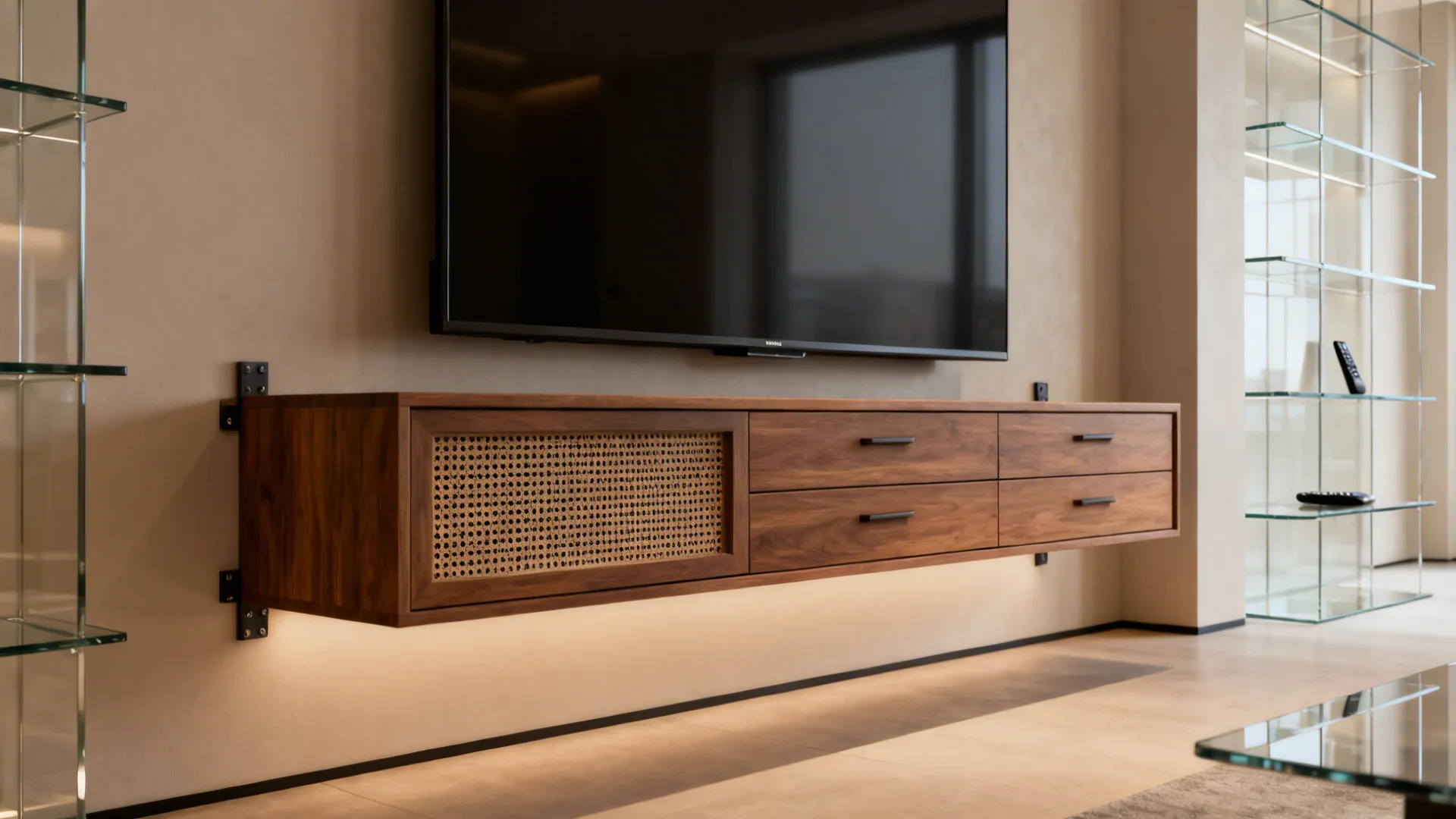 Floating media console with ventilated AV compartment under an 85-inch TV.