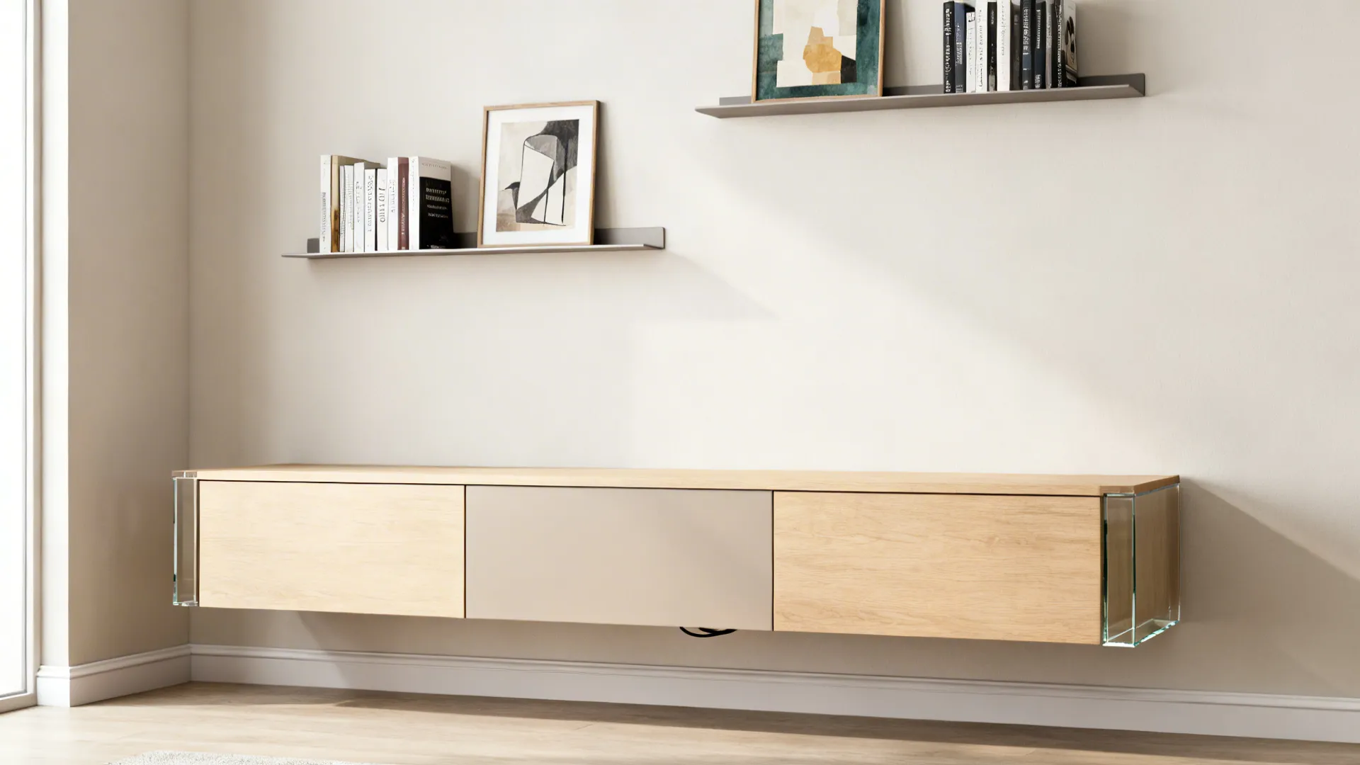 Floating media console with slim picture ledges styled above, keeping floors clear.