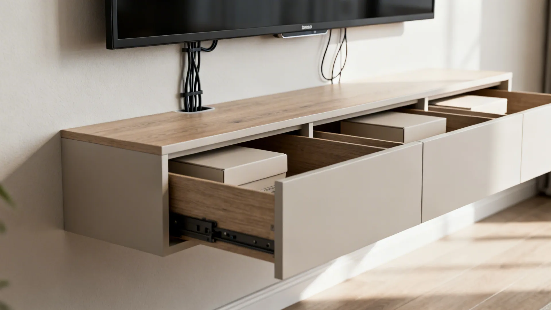 Floating media console with hidden storage and tidy cable management under a mounted TV