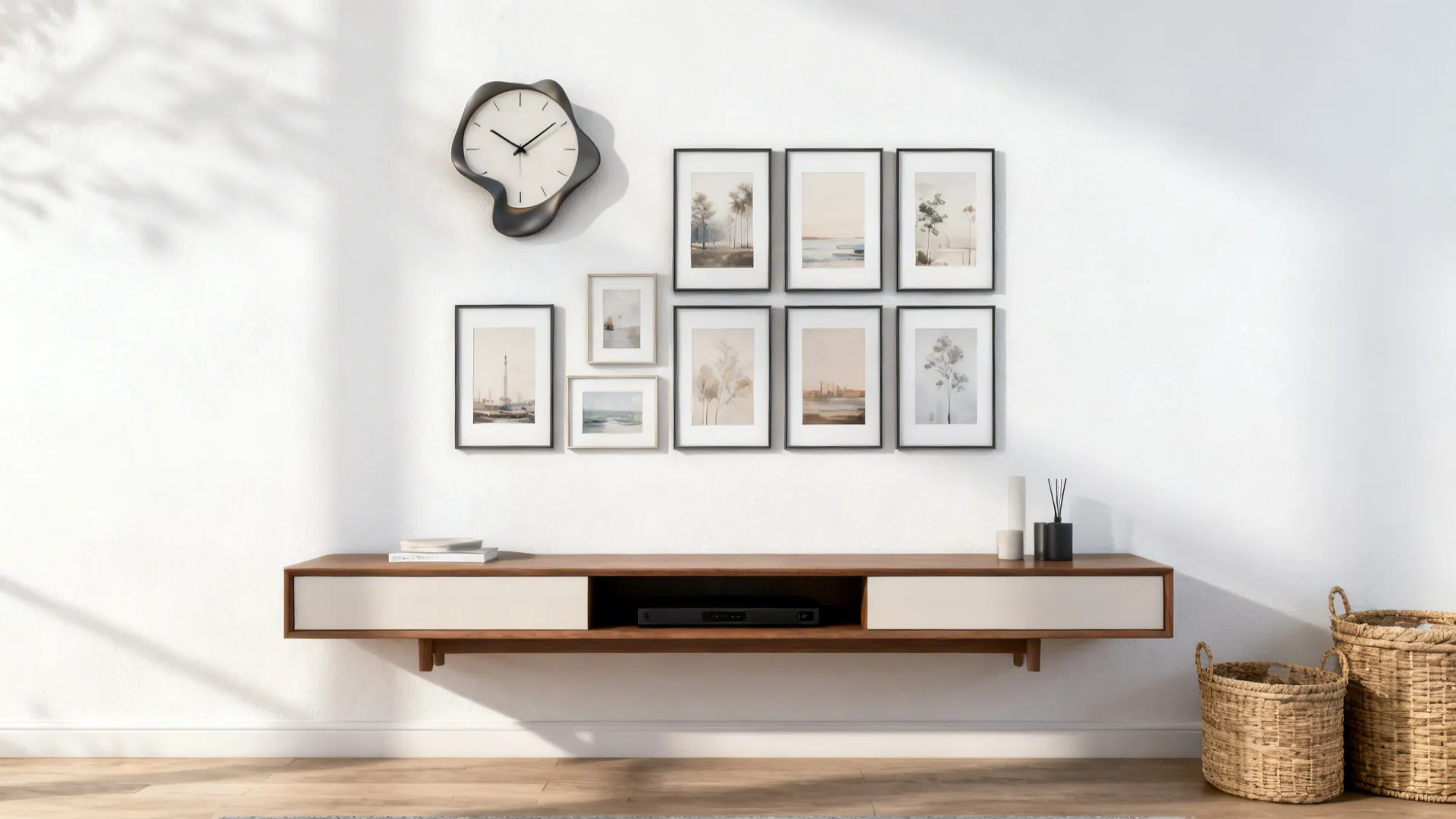 Floating media console with a grid of framed prints and baskets for storage in a mid-century room.