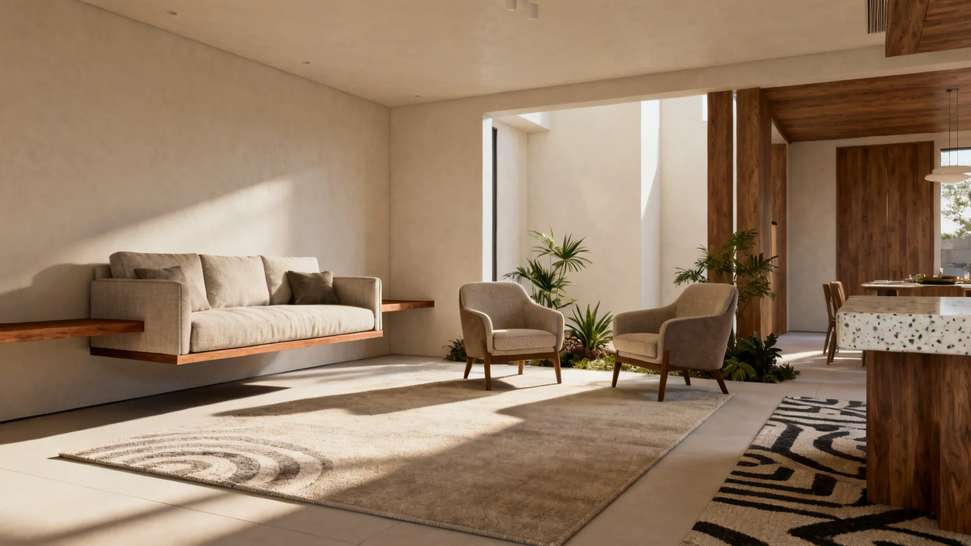 Open-plan living area with a floating sofa and slim console behind it, two chairs across defining the living zone.