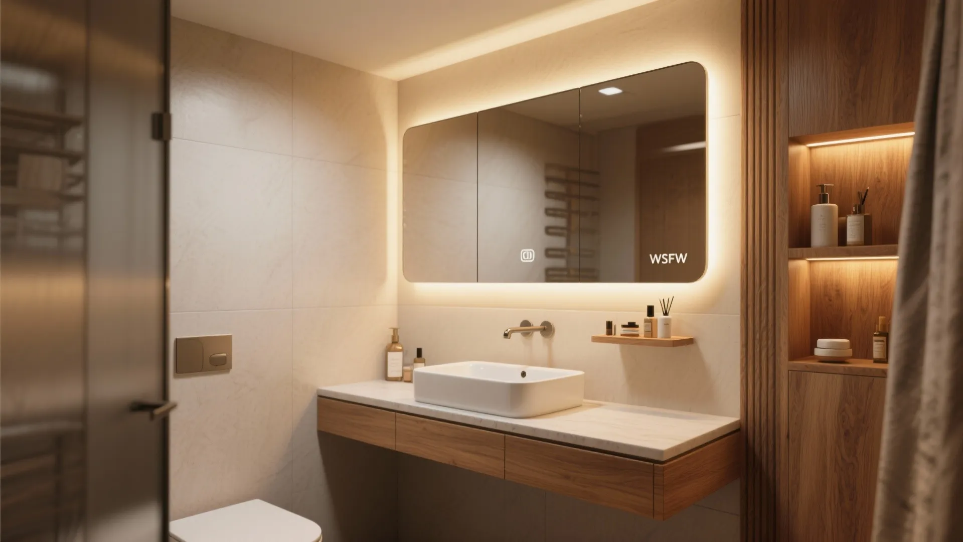 Modern bathroom with white sink, wooden cabinet, large glowing wall mirror, and warm light fixture
