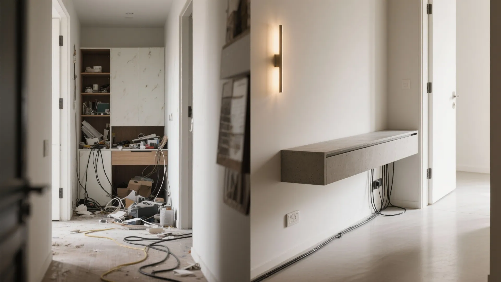 Before and after comparison of a messy storage area versus a clean minimalist floating shelf
