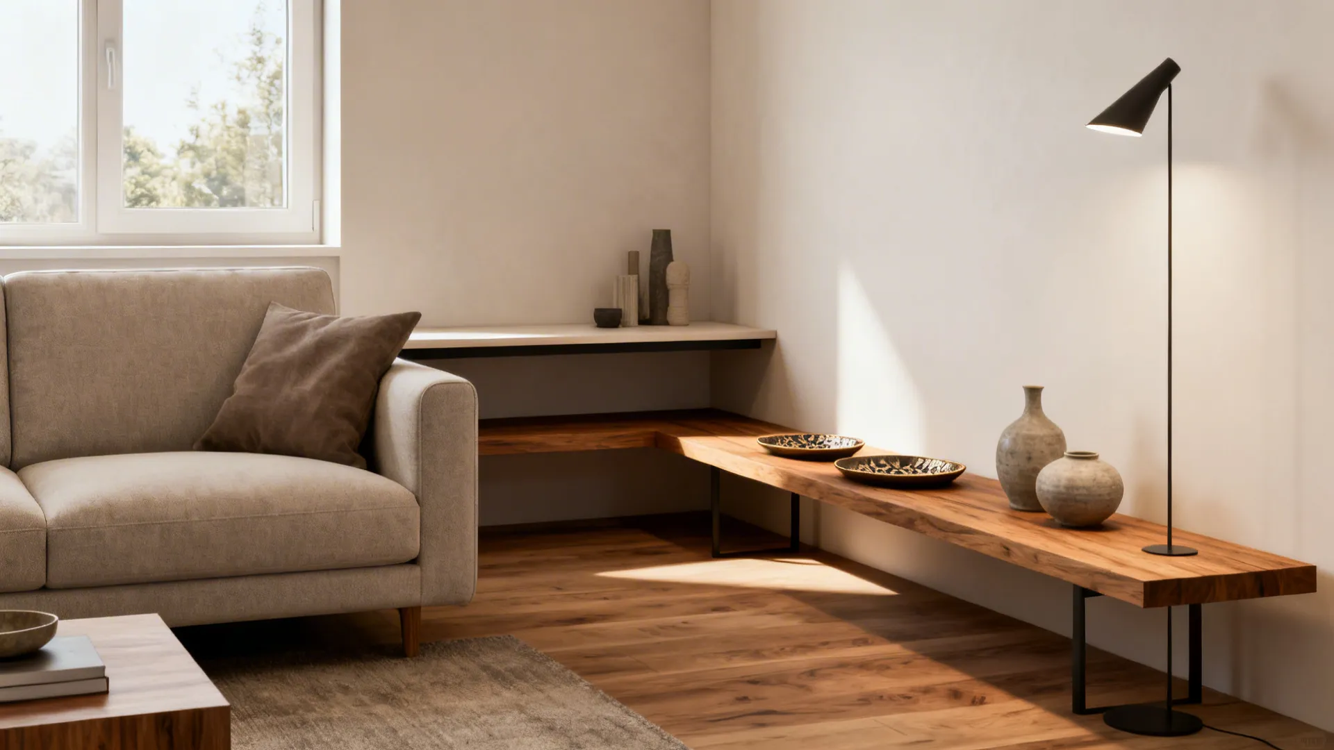 Slim floating console and narrow bench behind a sofa in a small apartment