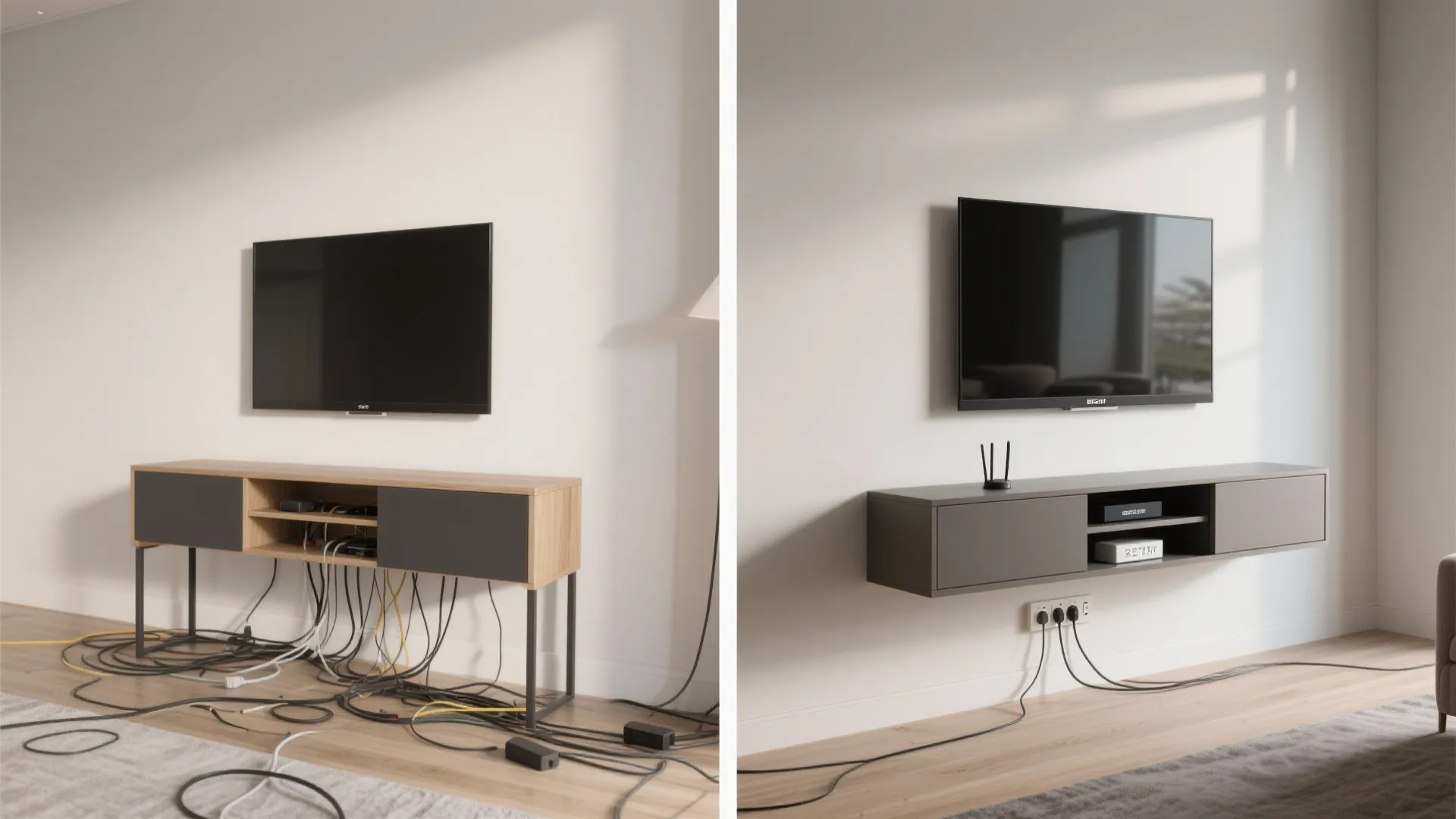 Before and after comparison of messy television cables versus a clean floating wall mounted cabinet