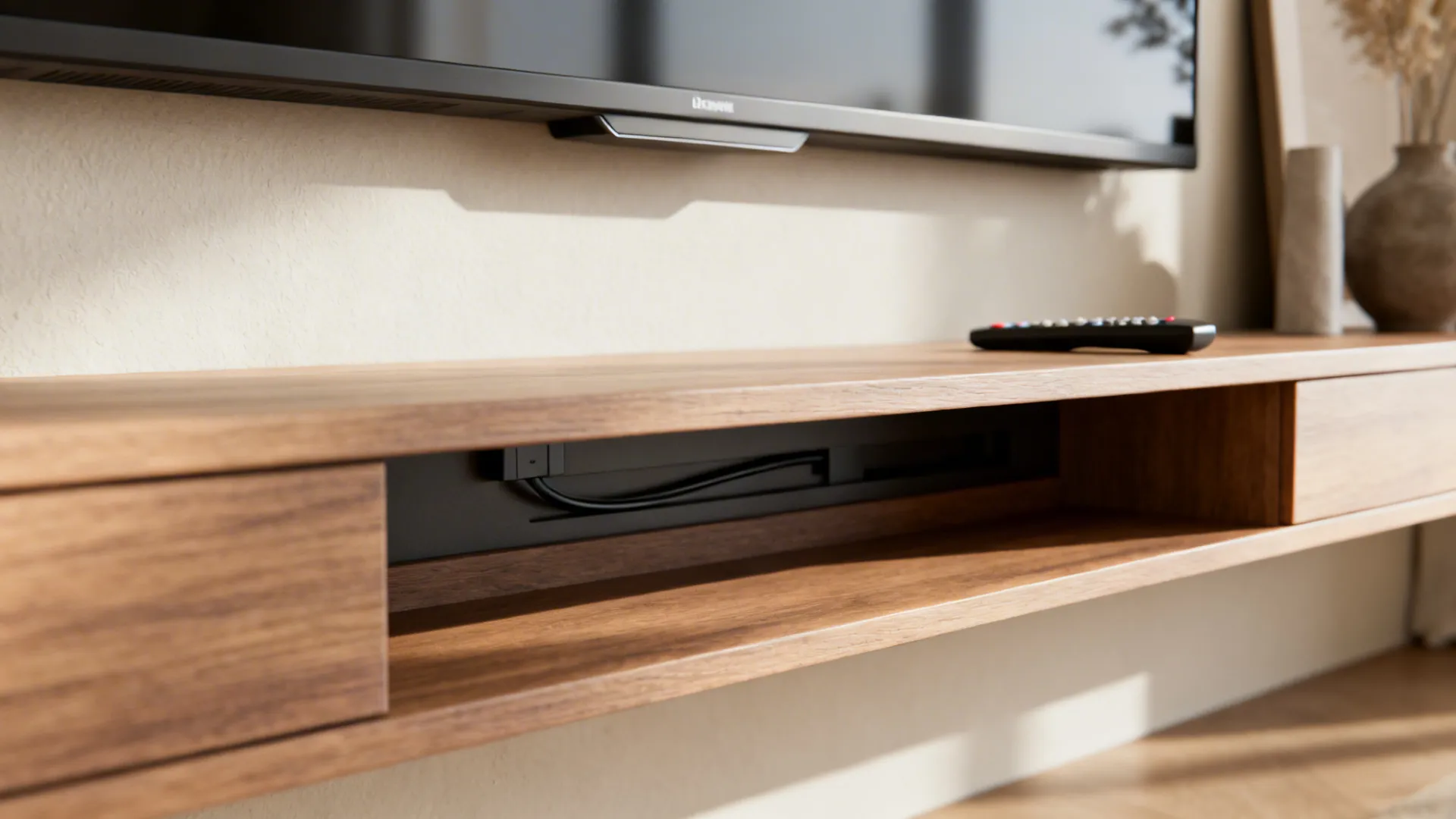 1. Minimal Floating Console and Wall-Mounted TV