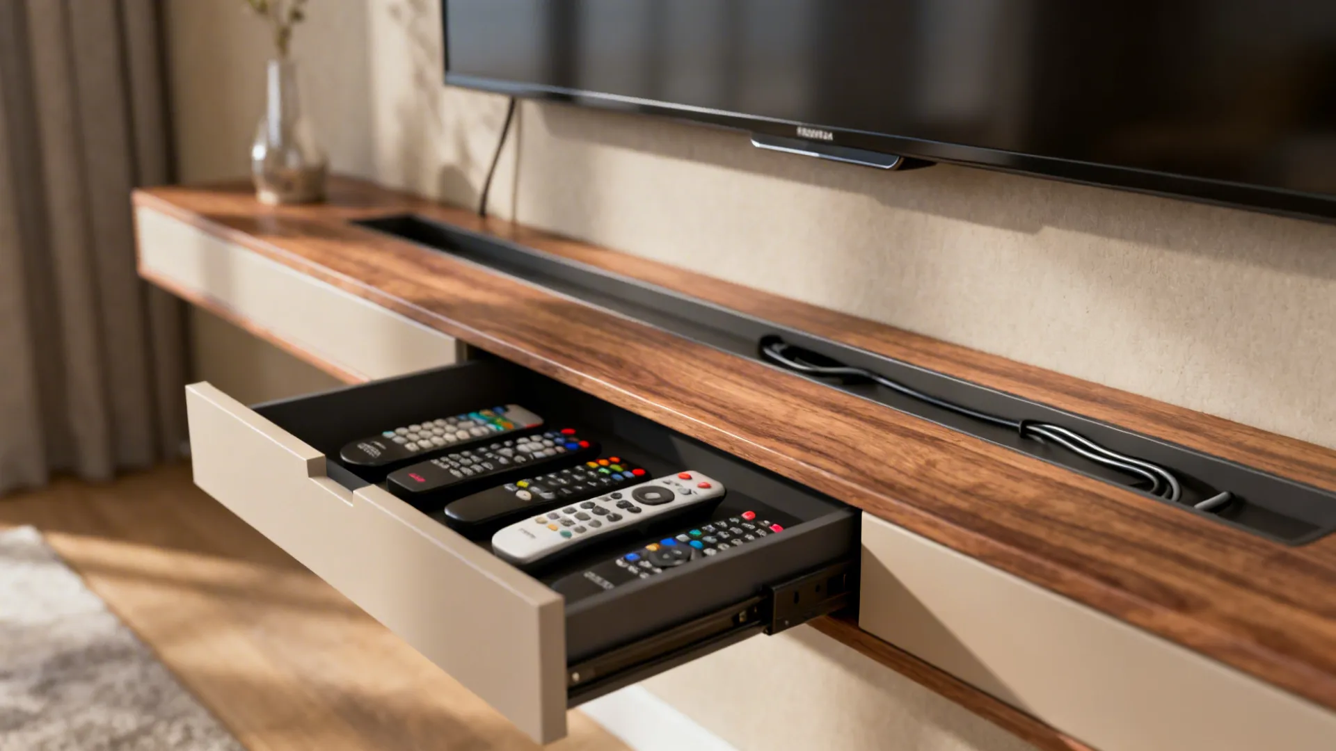 Close-up of a floating TV console with hidden push-to-open drawers and concealed cables.