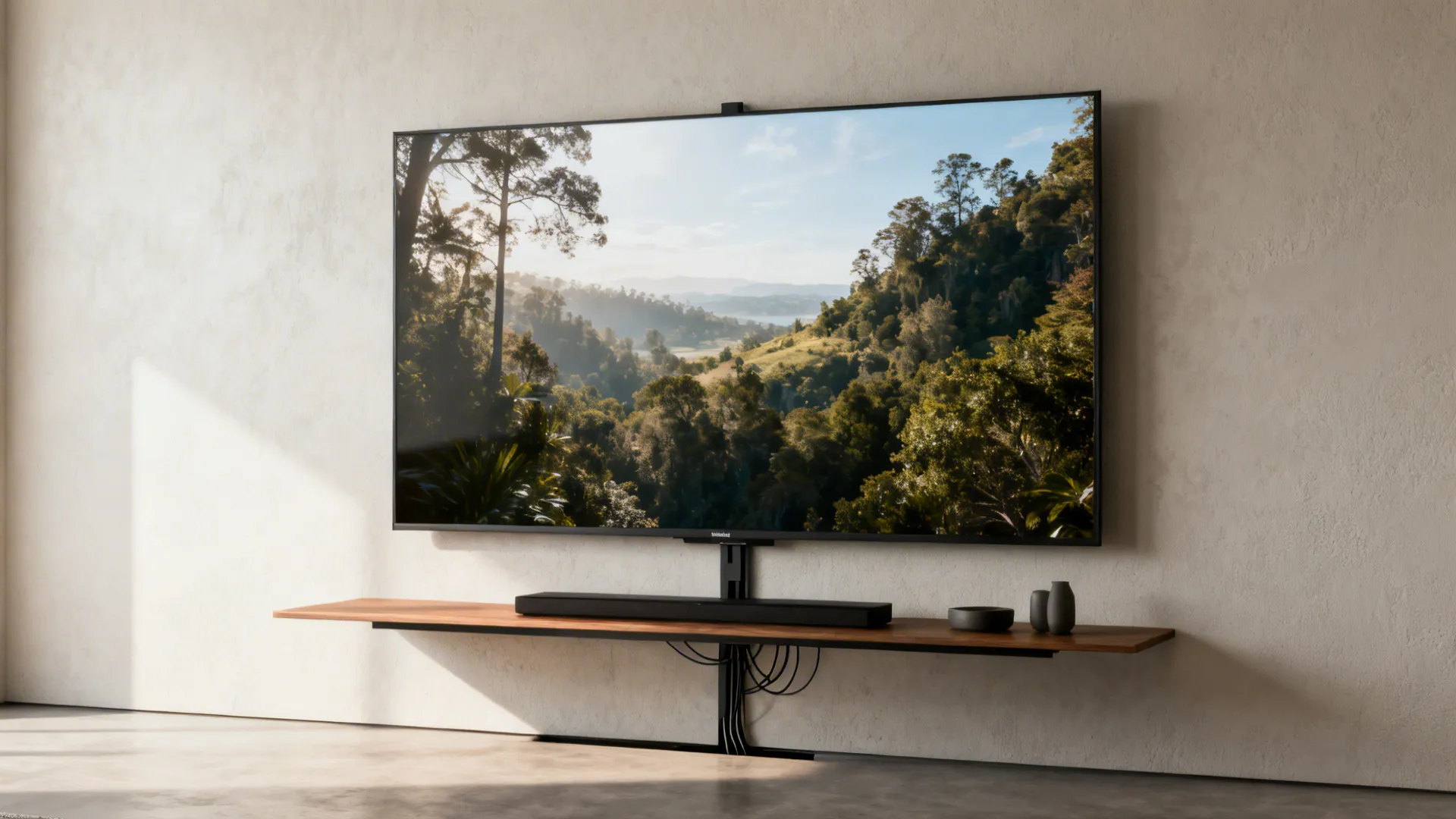 Low floating media console under an 85-inch TV with intentional wall finish and cable gap.