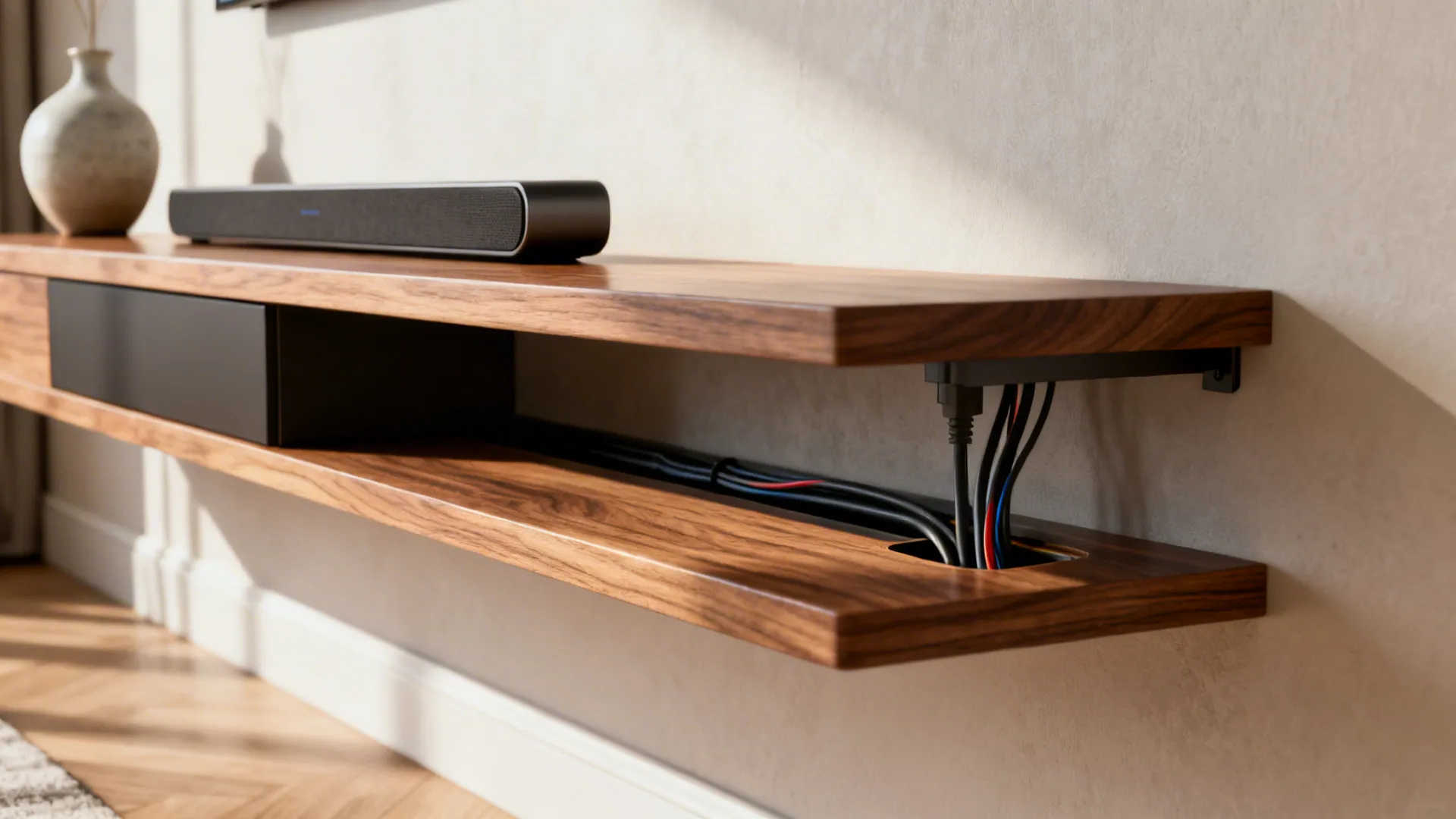 Close-up of a slim floating TV console showing cable pass-through and wood texture.
