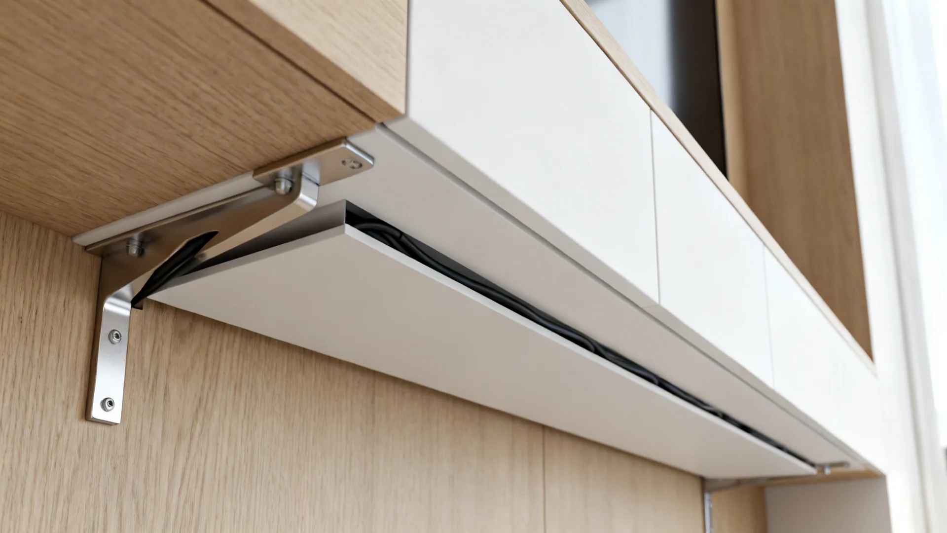 Close-up of a floating TV console showing hidden cable management and mounting gap.