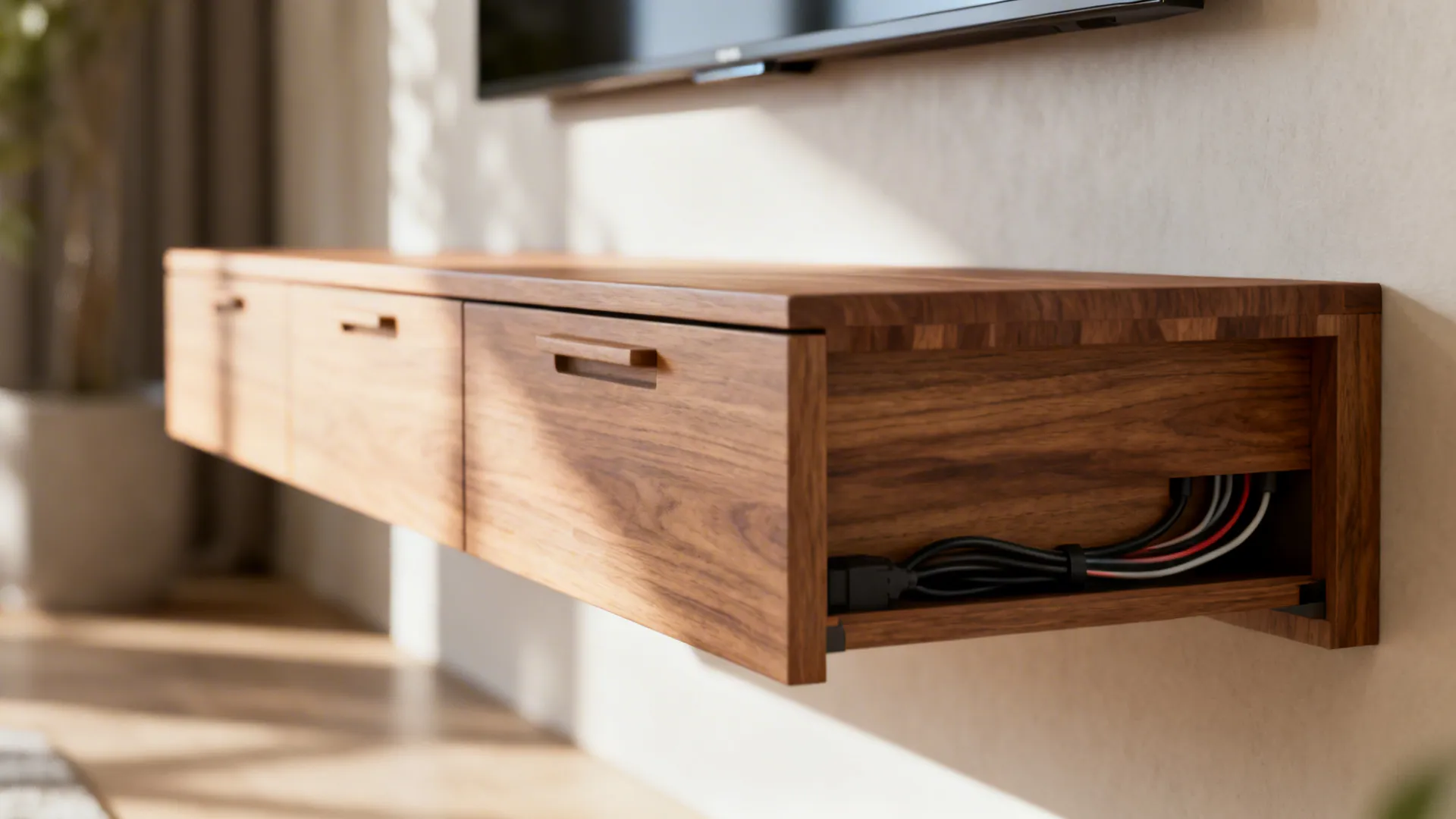 Side view of floating wooden cabinet showing neatly organized black power cables and storage compartment