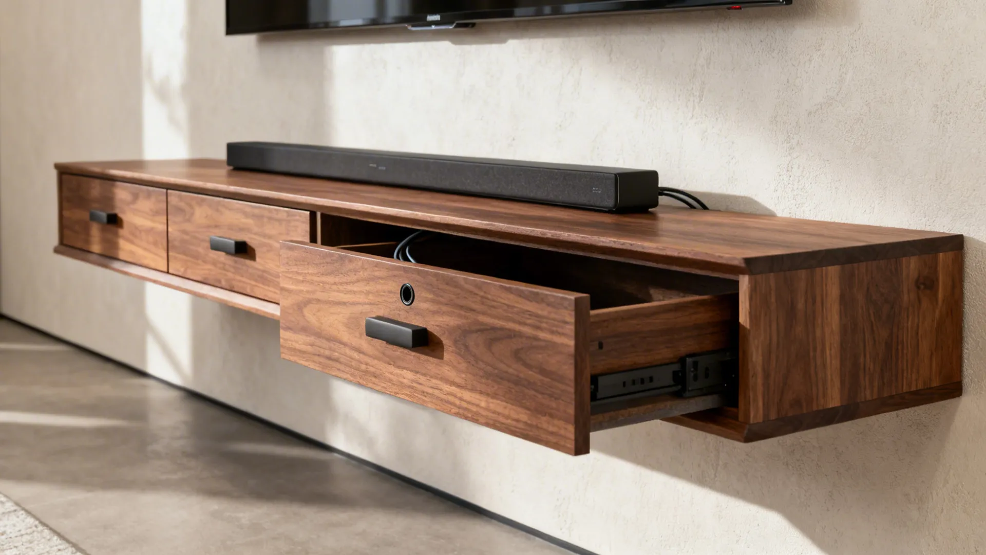 Close-up of a low-profile floating TV console with drawers and cable management.