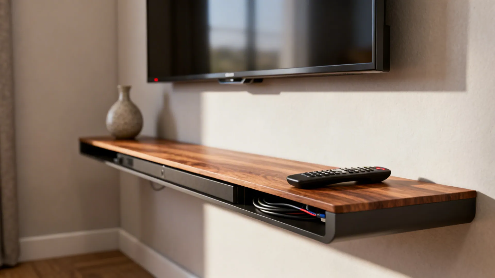 Slim floating console under a wall-mounted TV with hidden cables and minimal decor.