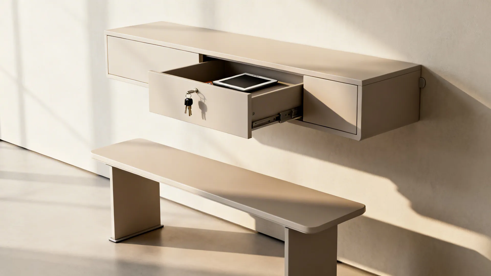 Floating console side table with hidden drawers mounted above a slim bench in a studio