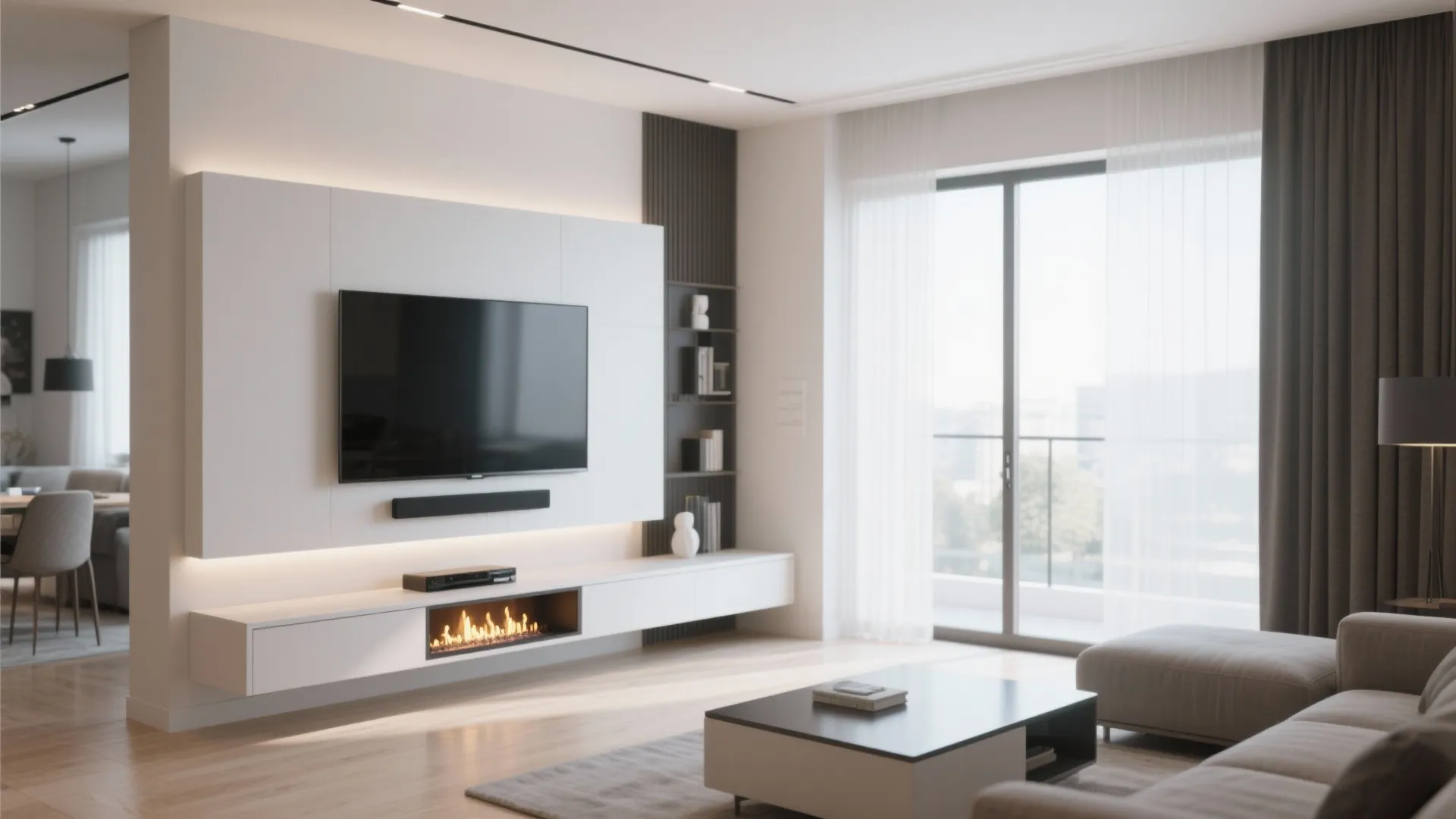Minimalist white living room with floating wall cabinet integrated fireplace under a large television screen