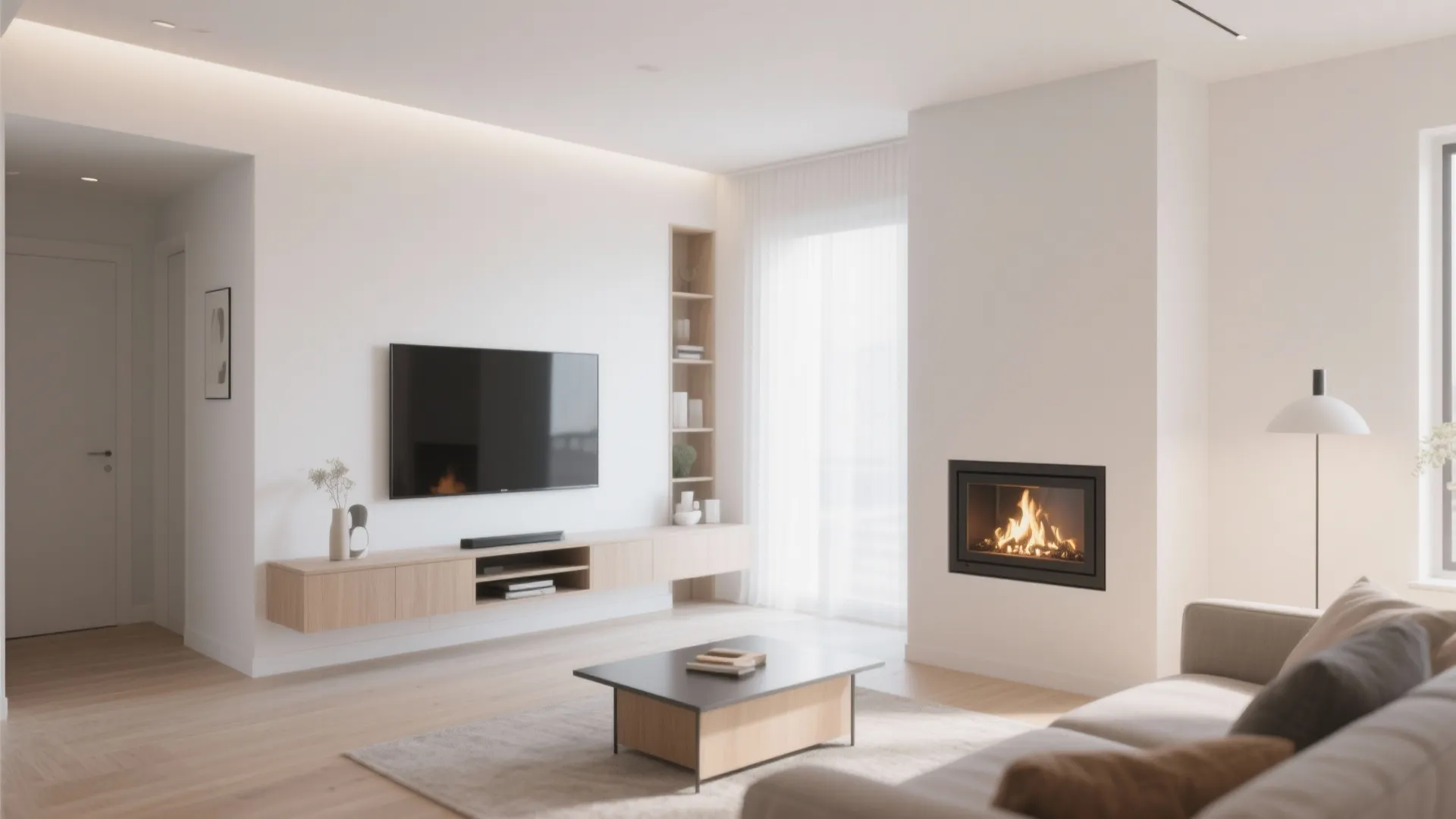 Modern white living room featuring a wall mounted television floating wooden cabinet and cozy fireplace