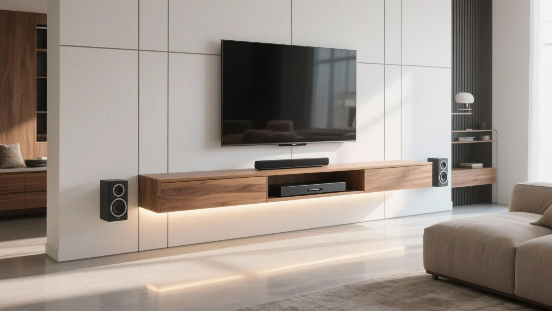 Floating console + wall grid to balance light and storage