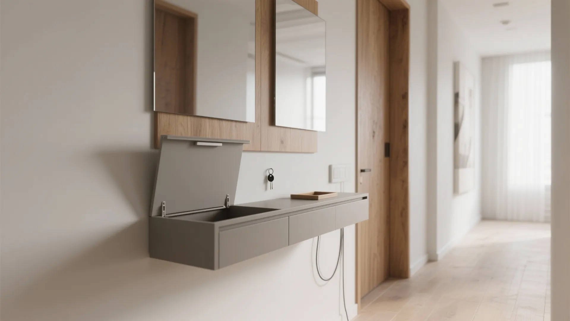 Minimal floating console with hidden storage