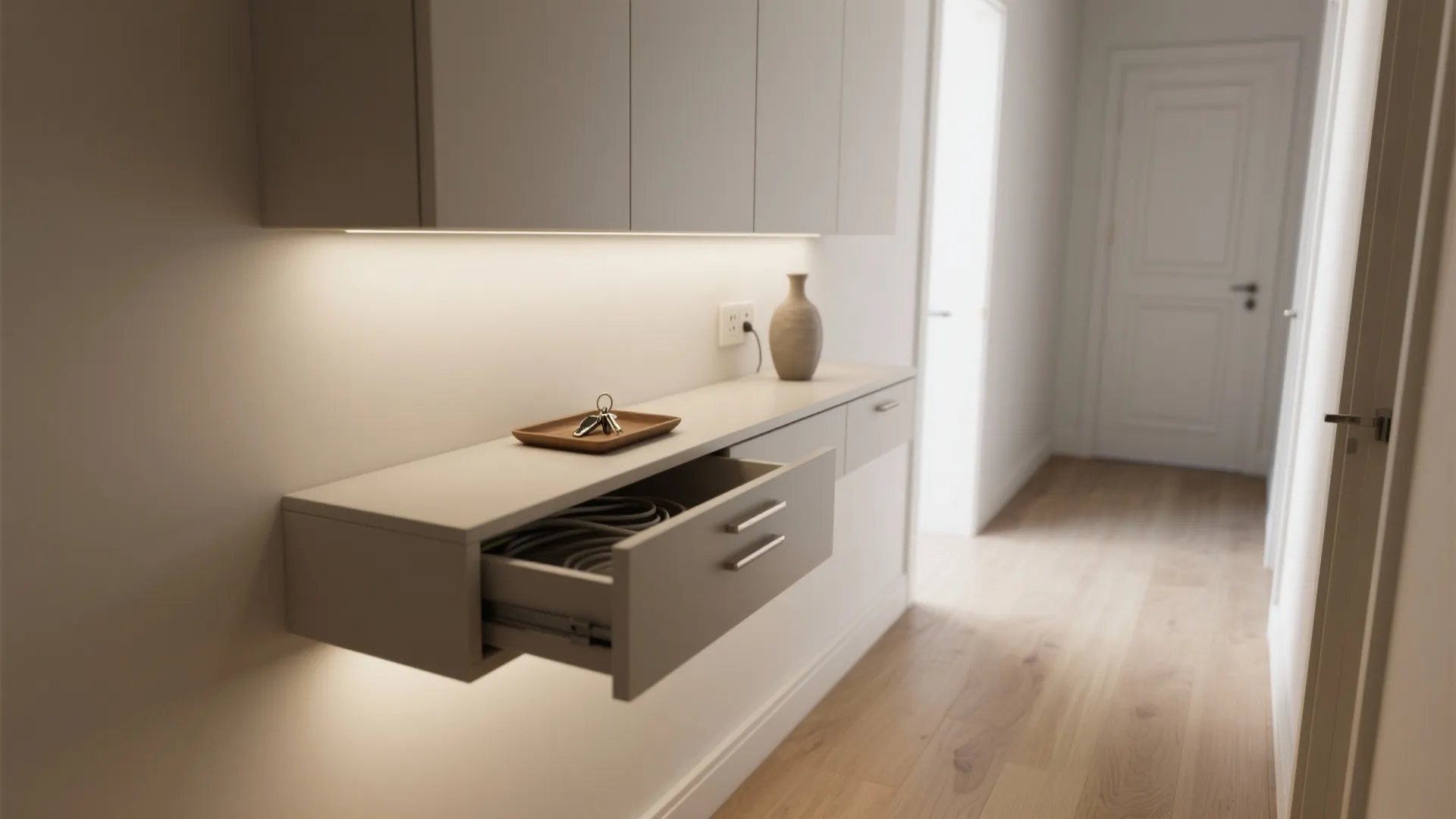 Floating console with concealed charging