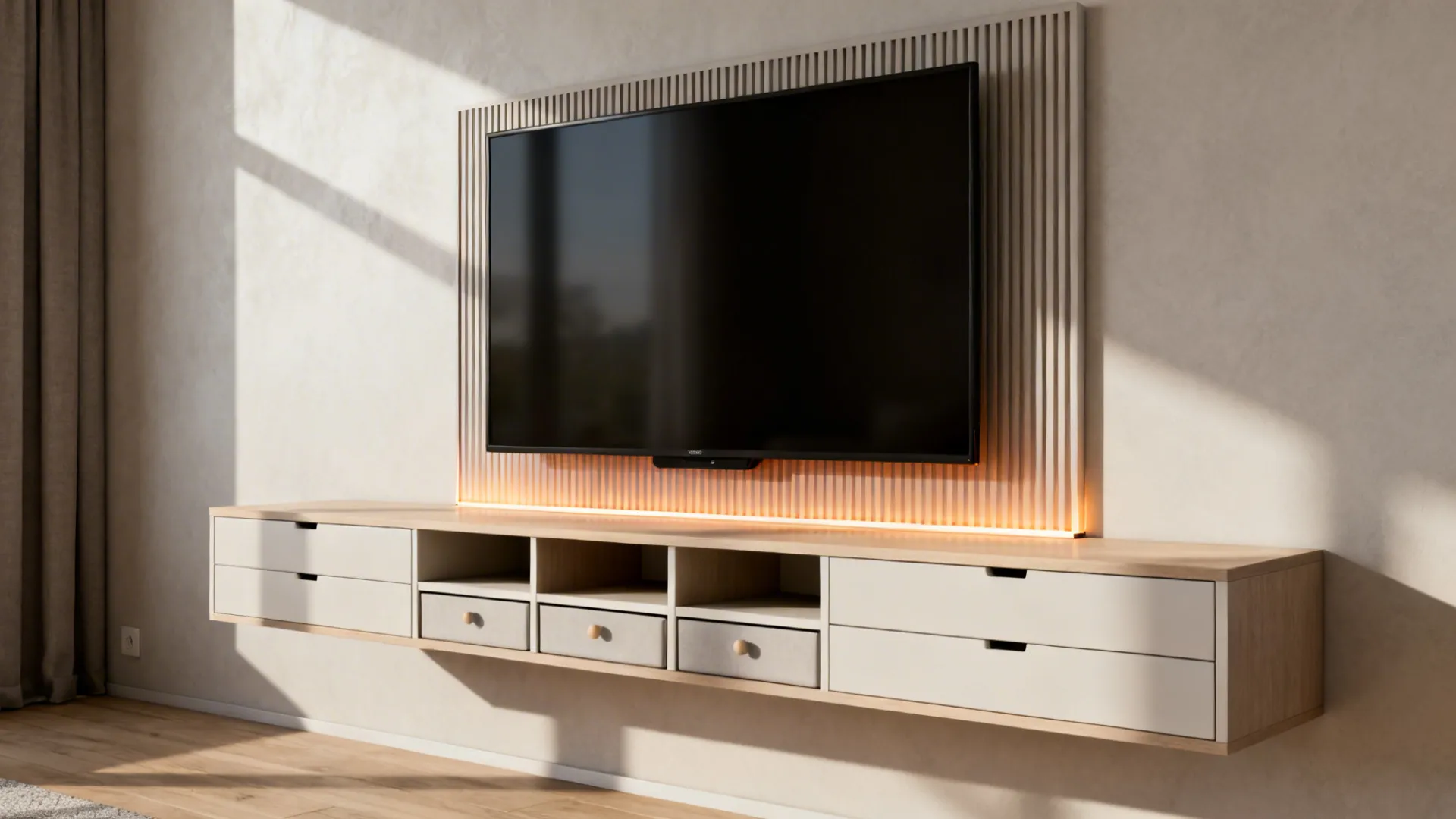 Modern living room with television on wall panel above floating cabinet with warm orange light strip