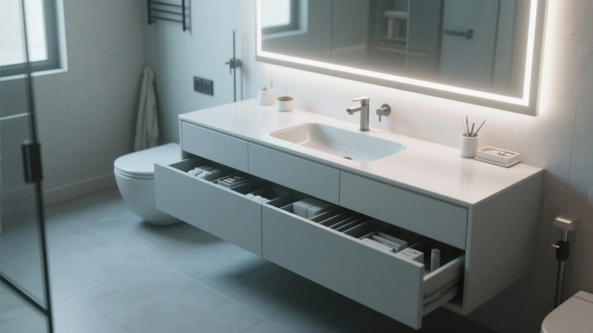 3. Floating drawer console with integrated shallow vessel