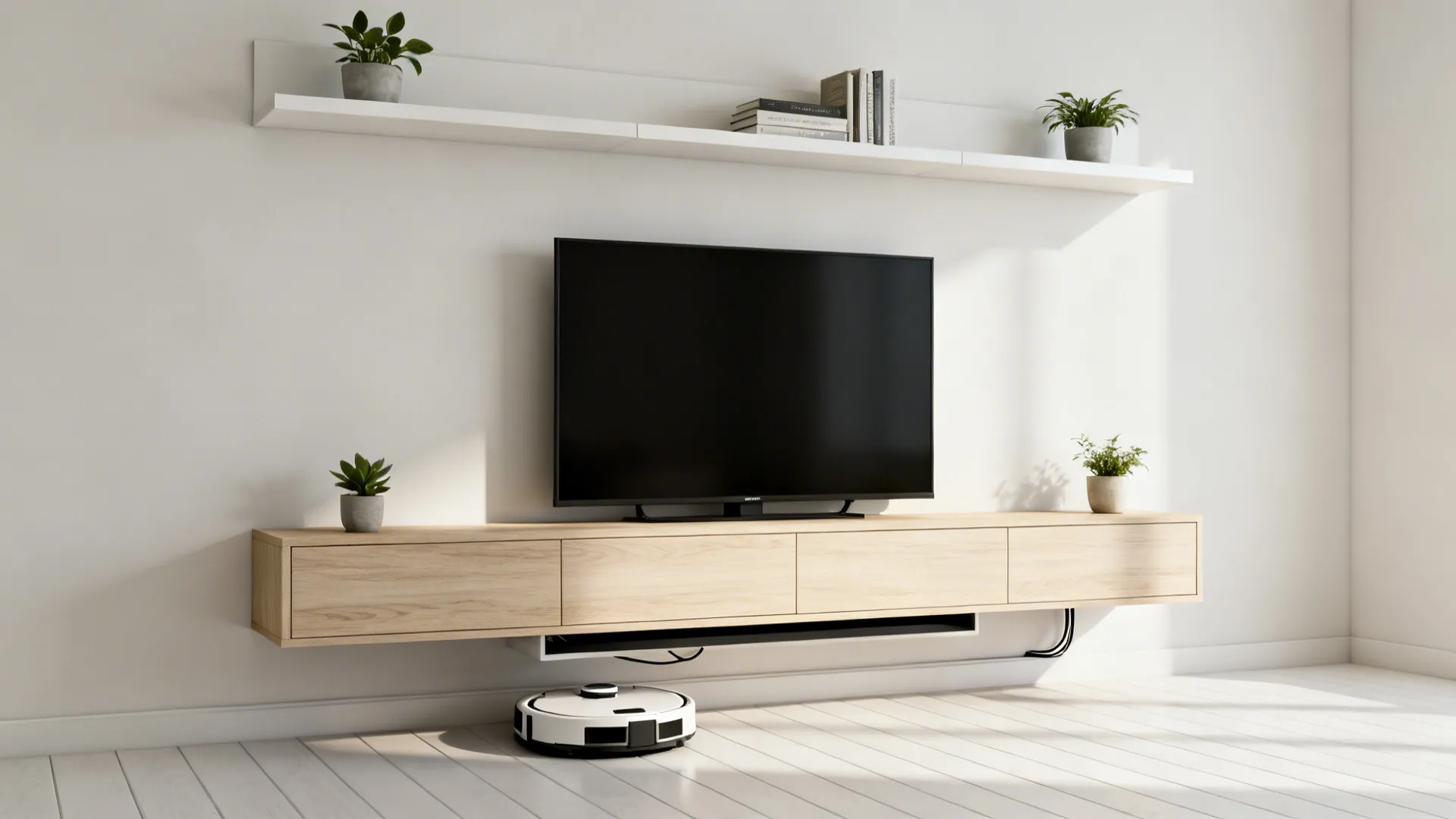 Minimalist floating TV console with hidden cables and airy floor clearance in a small living room.