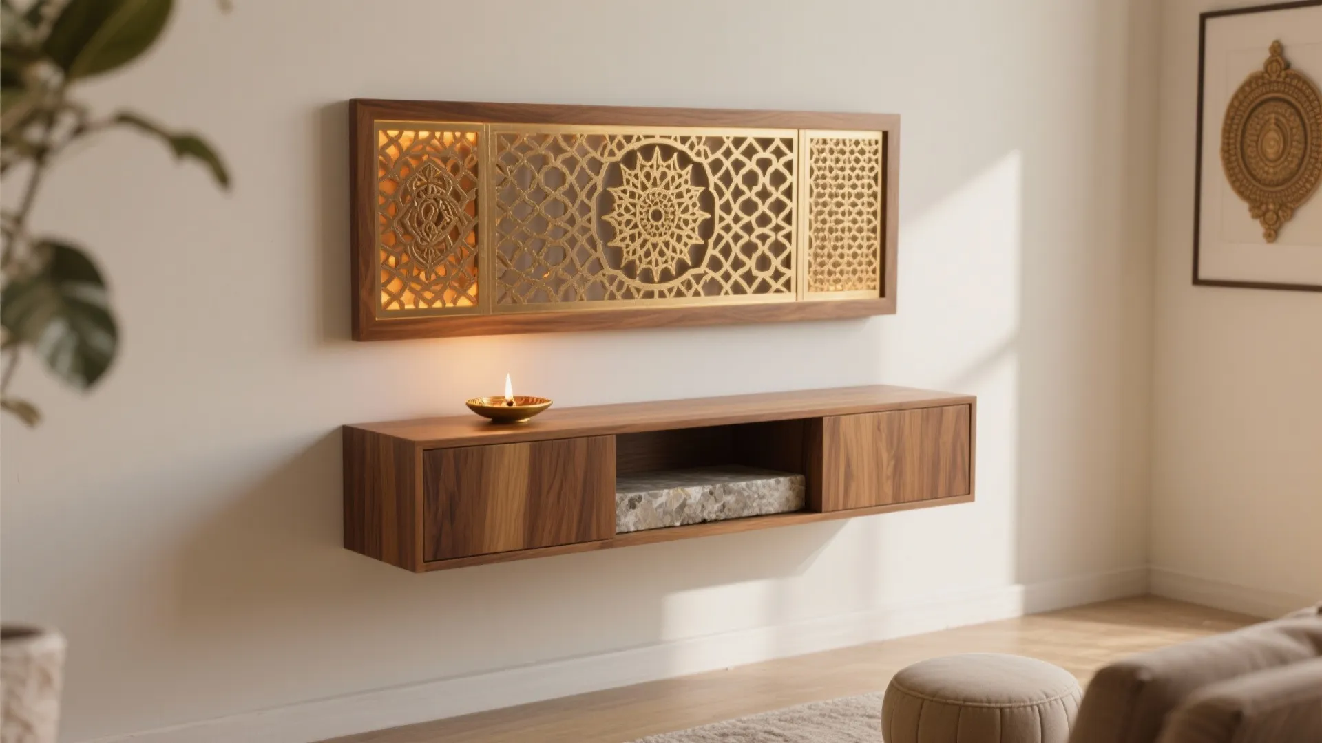 3) Floating console mandir with backlit jaali