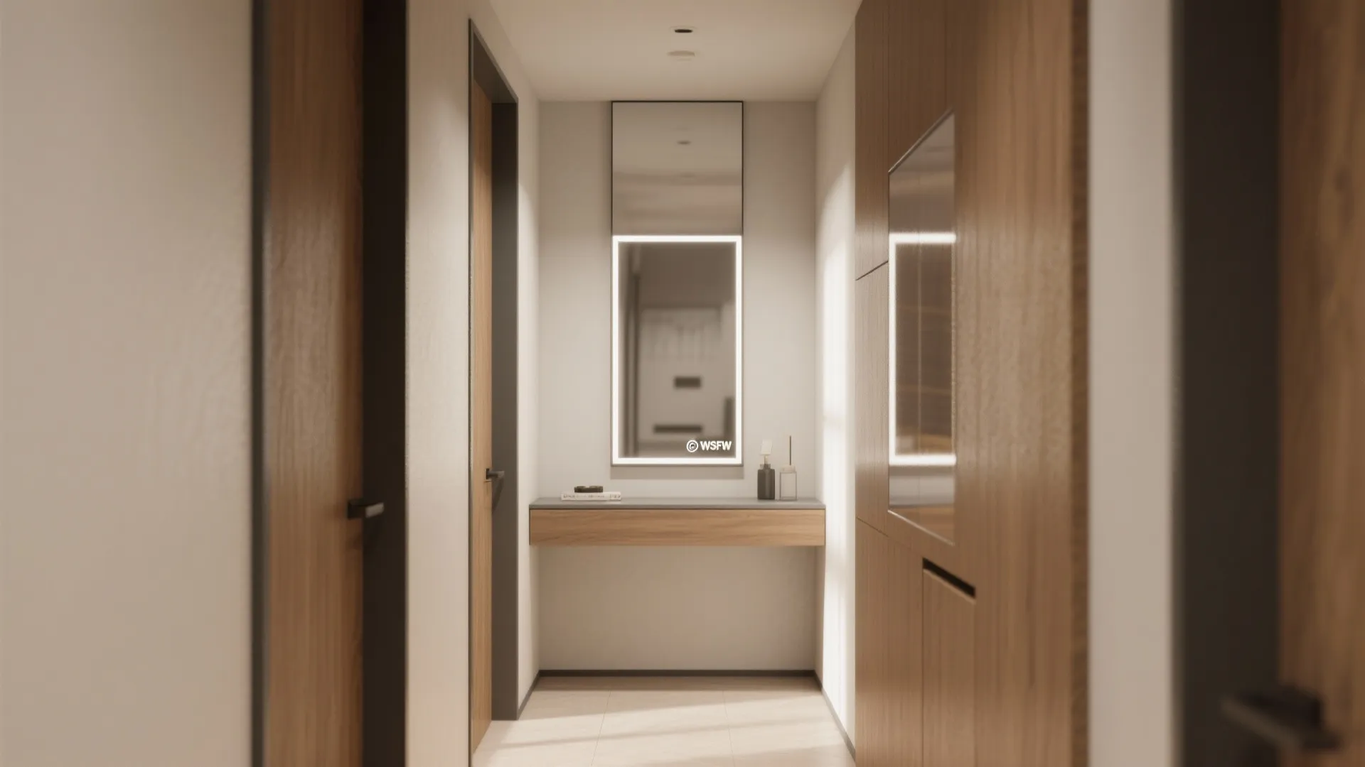 Modern hallway entryway featuring a floating wooden cabinet and a tall mirror with wall light