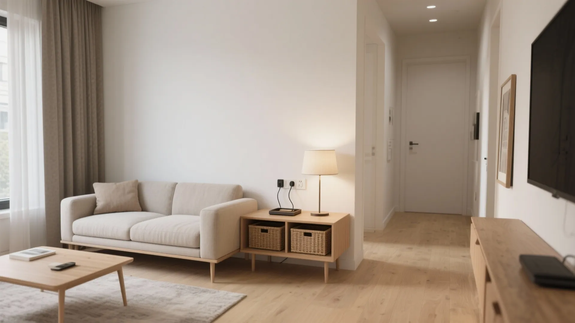 Floating sofa with a slim console behind it, keeping storage and walkway balanced.