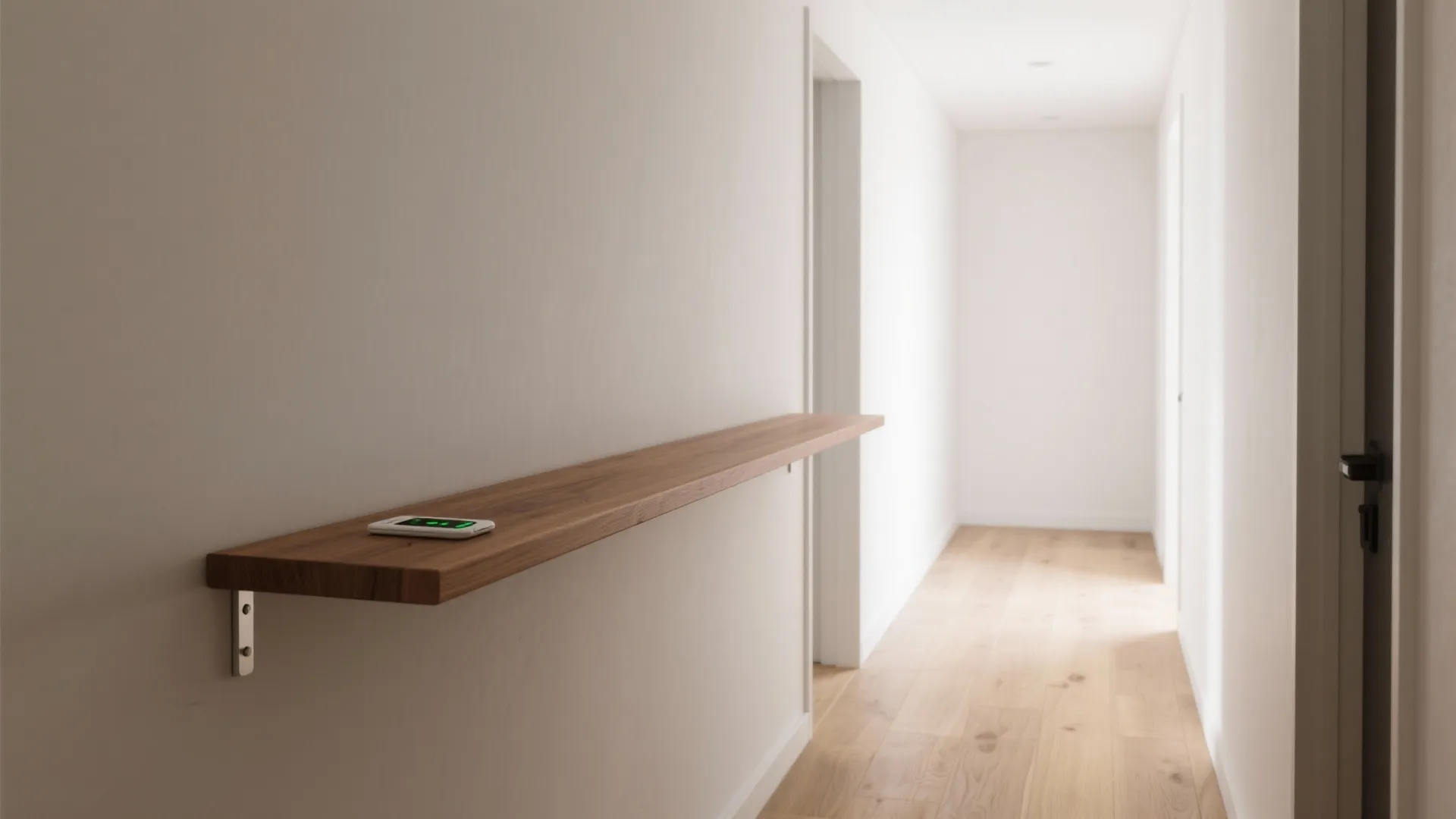 Long wooden wall shelf in a white hallway with light wood floors holding a phone