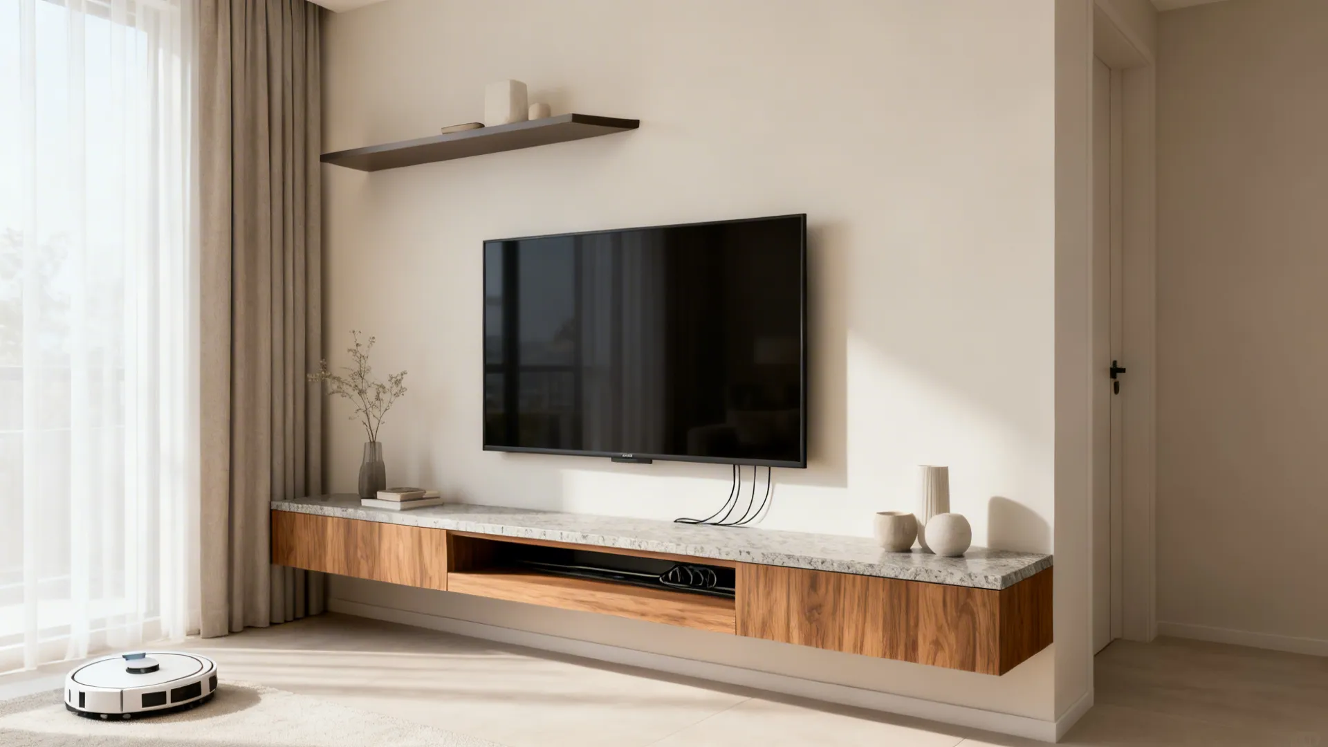 Slim wall-hung console with an offset shelf framing a wall-mounted TV.