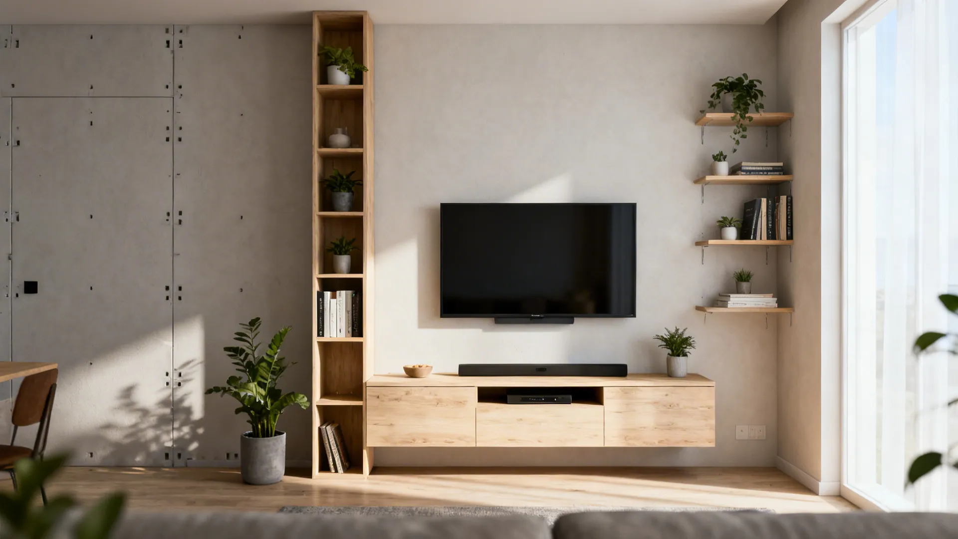 3. Floating media console and vertical shelving