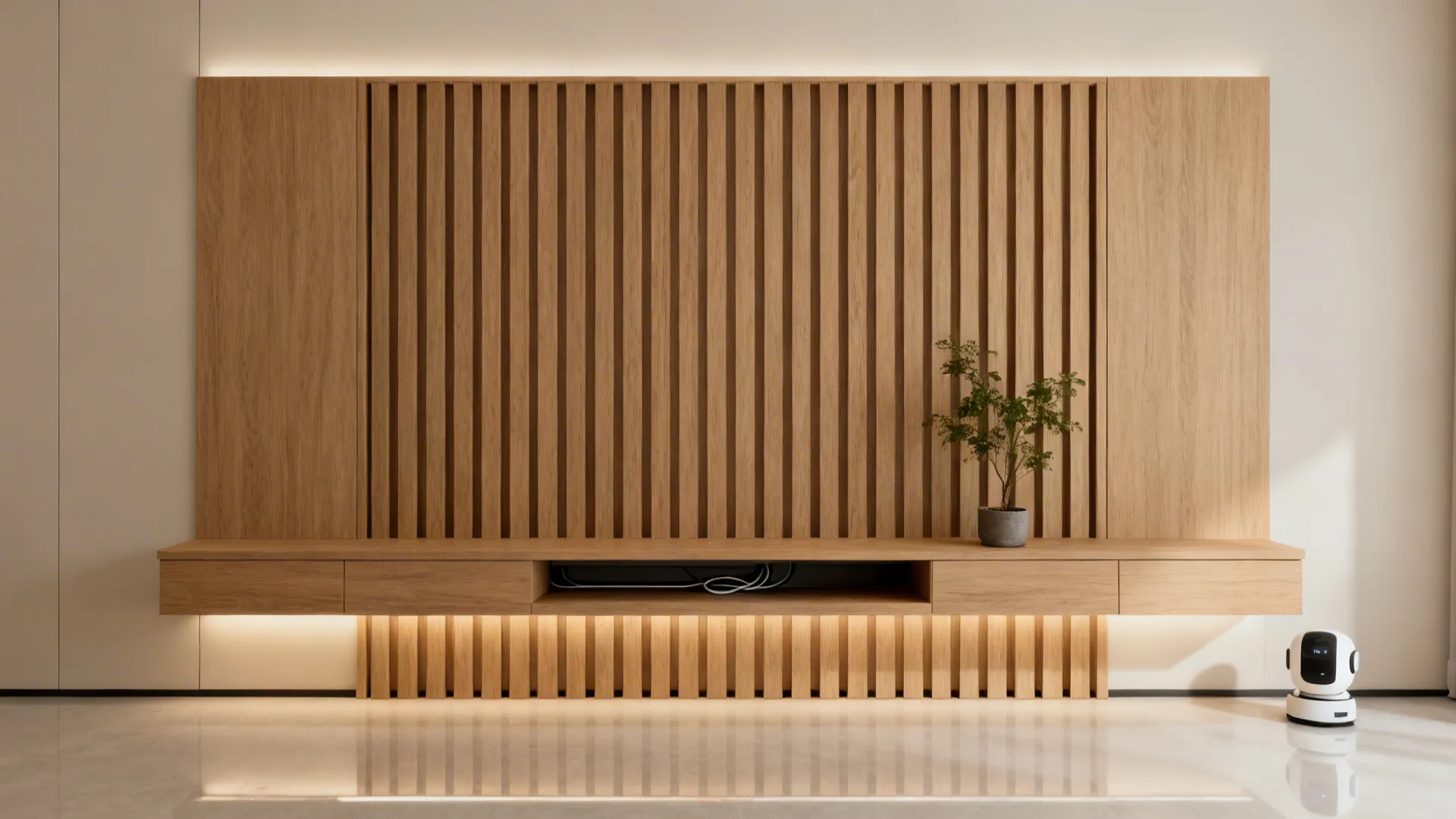 Minimalist floating TV console with full-height slatted wood panel and hidden cable management.