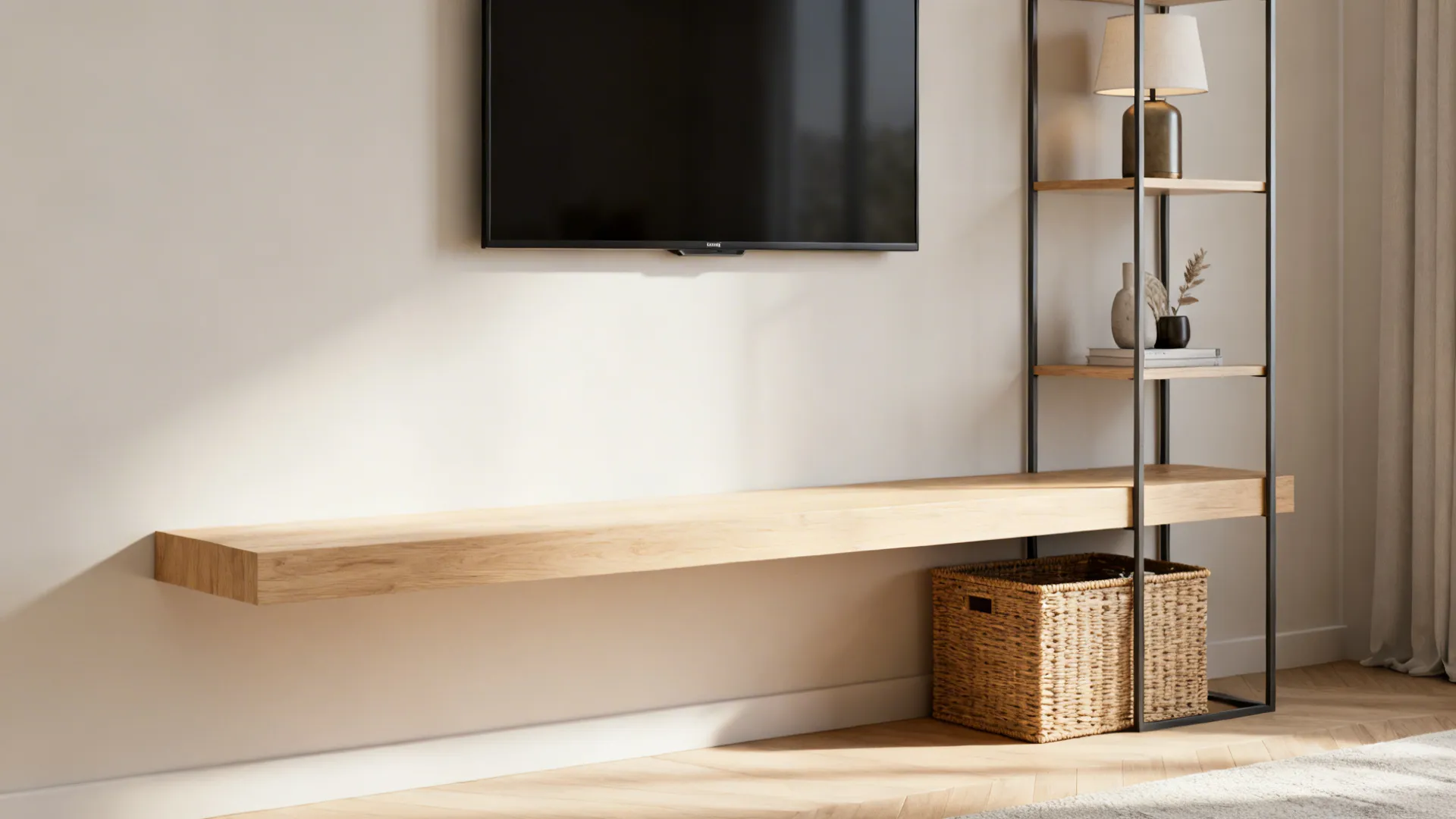 1. Floating media console with slim shelving