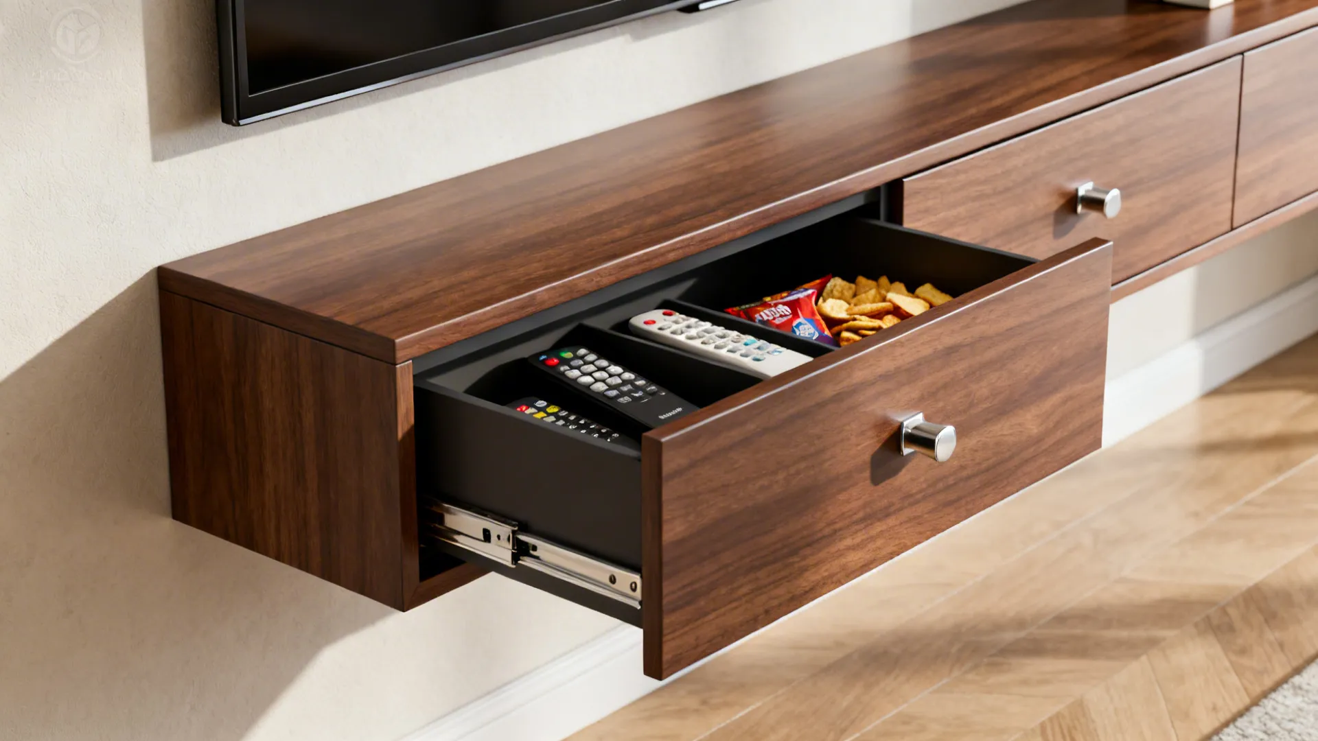 Floating wood wall cabinet with open drawer holding remote controls and snacks for home storage