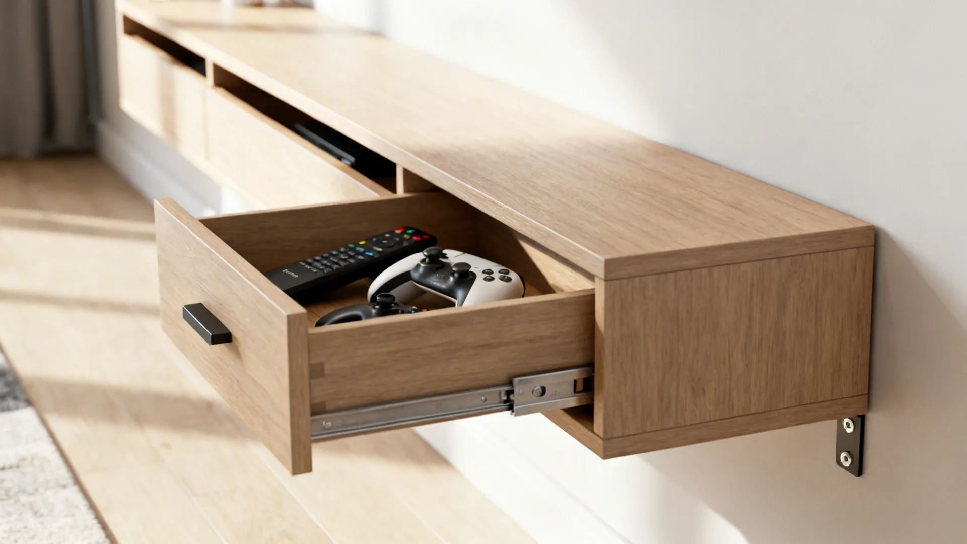 Floating console with hidden push-to-open drawers storing remotes and controllers