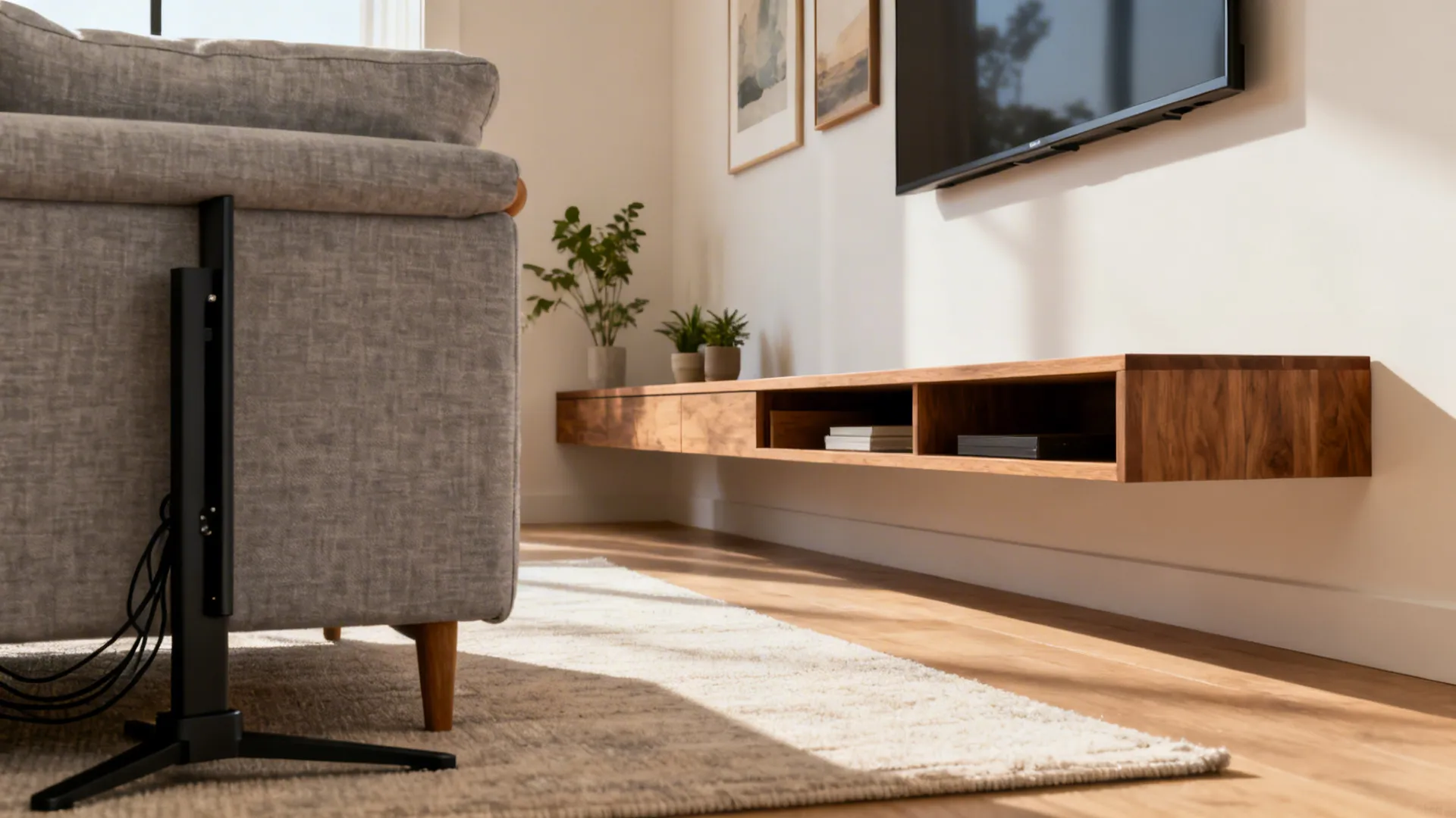 Floating oak console and a slim swivel TV stand behind a sofa in a small living room.