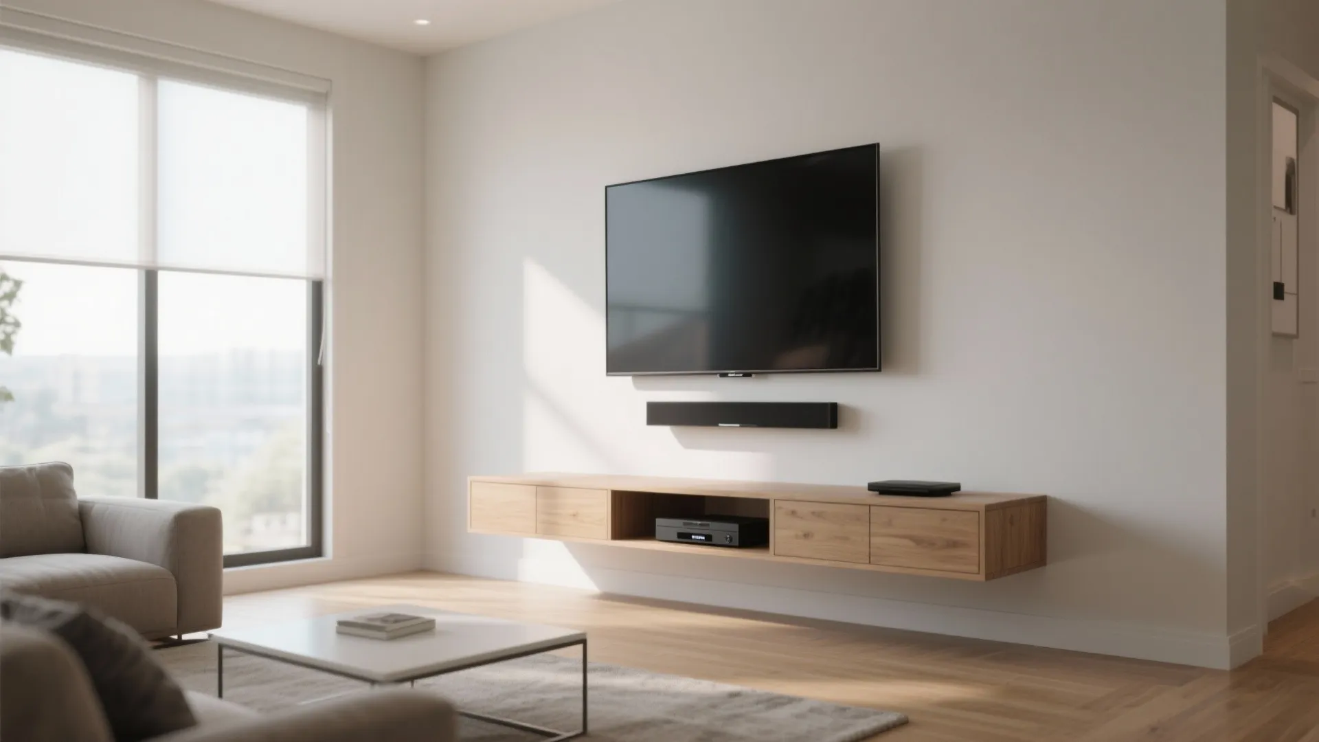 Minimalist living room with wall mounted television above wooden cabinet, grey sofa, and natural light