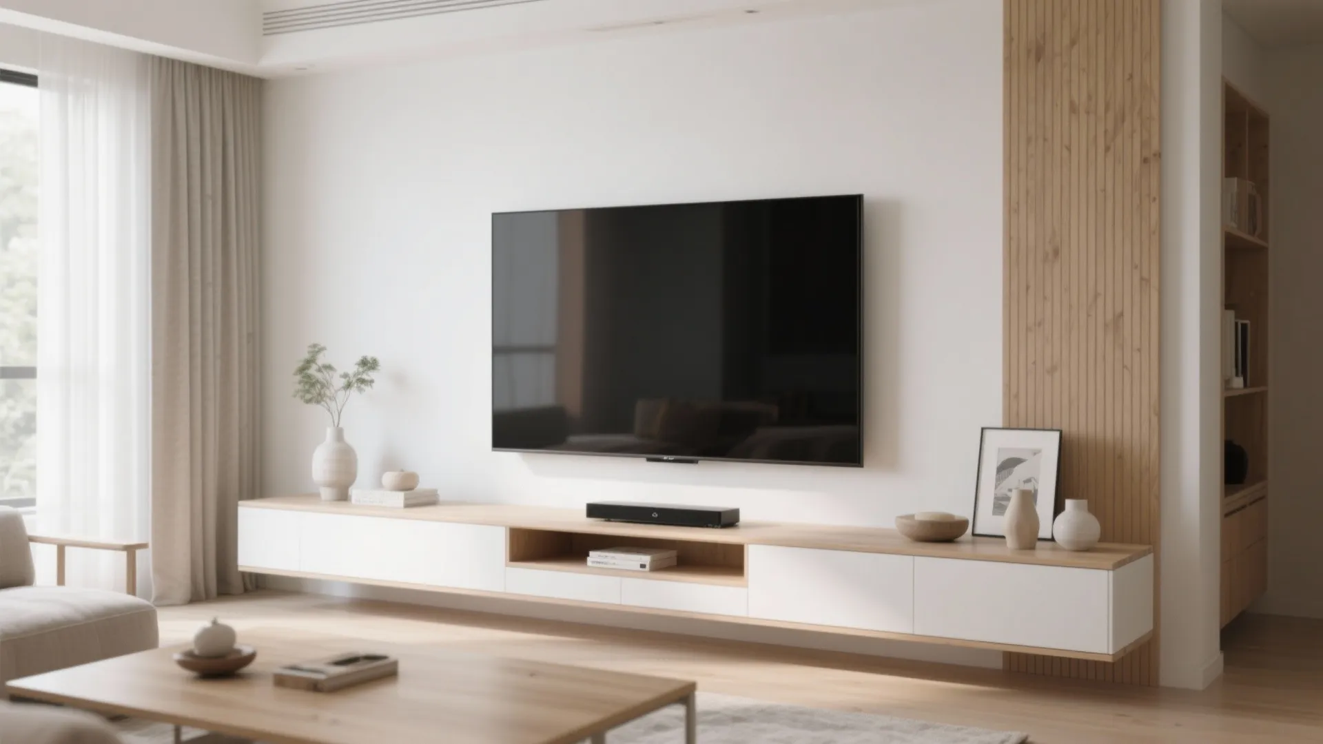 Modern bright living room with long white floating cabinet, wall mounted television, and wood panel