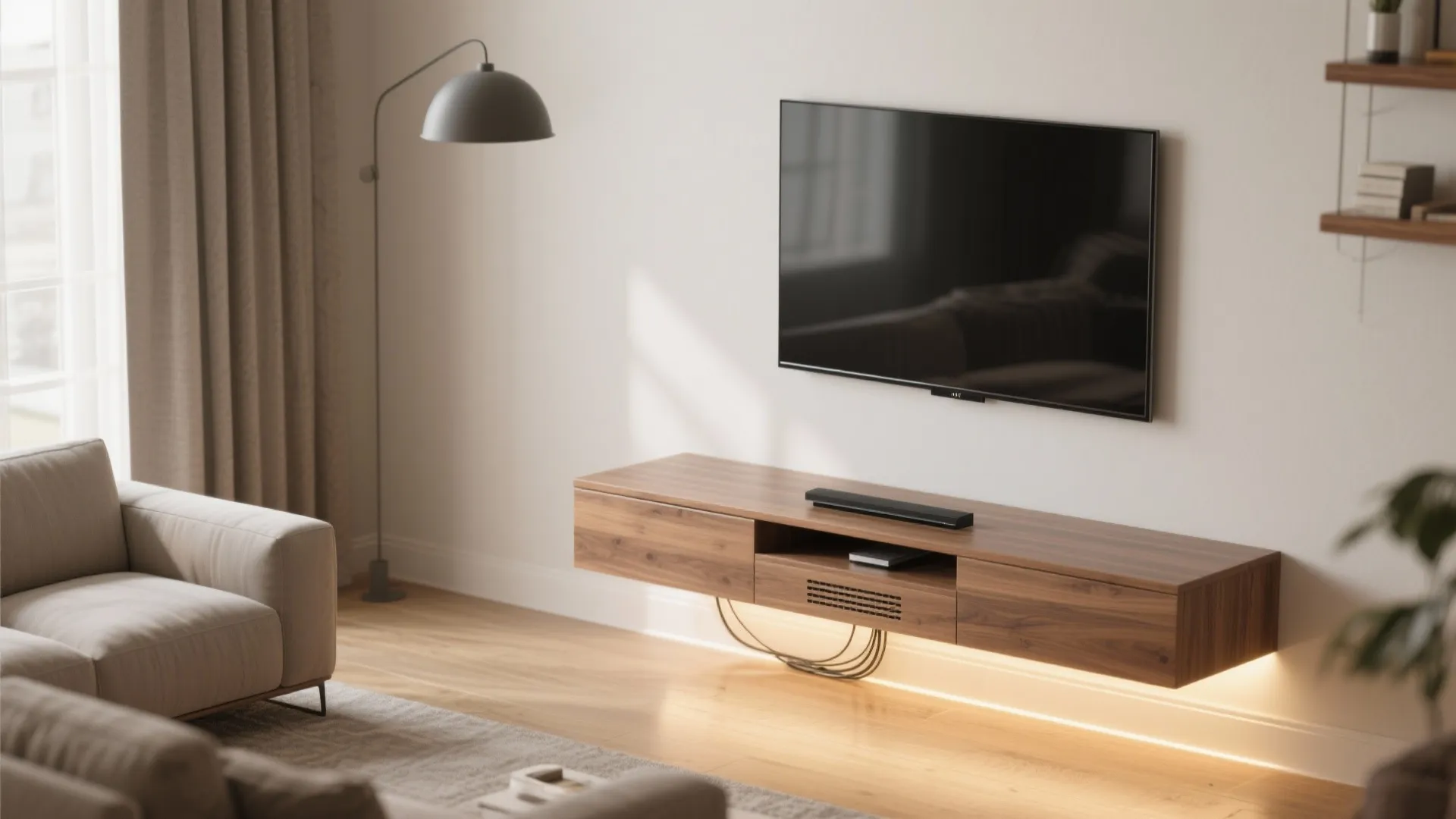 Floating console + wall-mounted TV