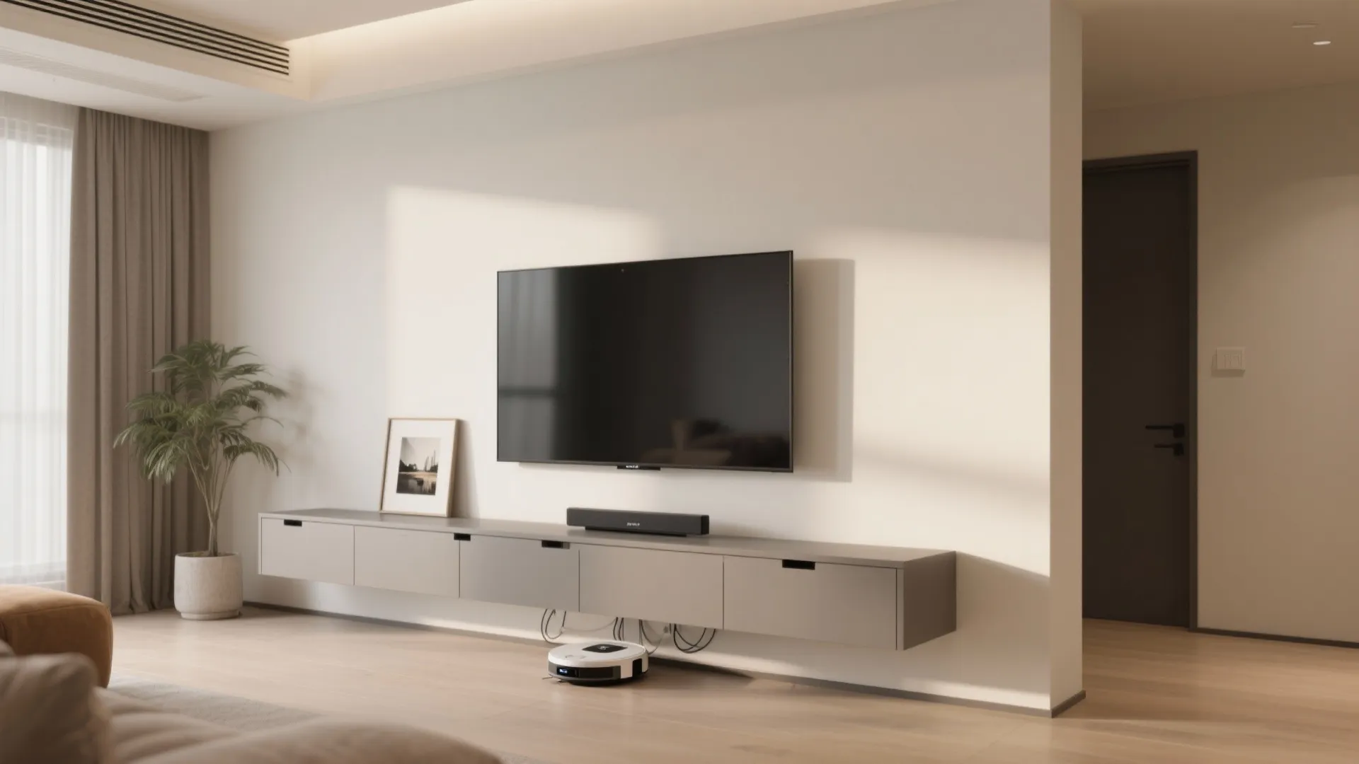 Minimal floating console with hidden cable management