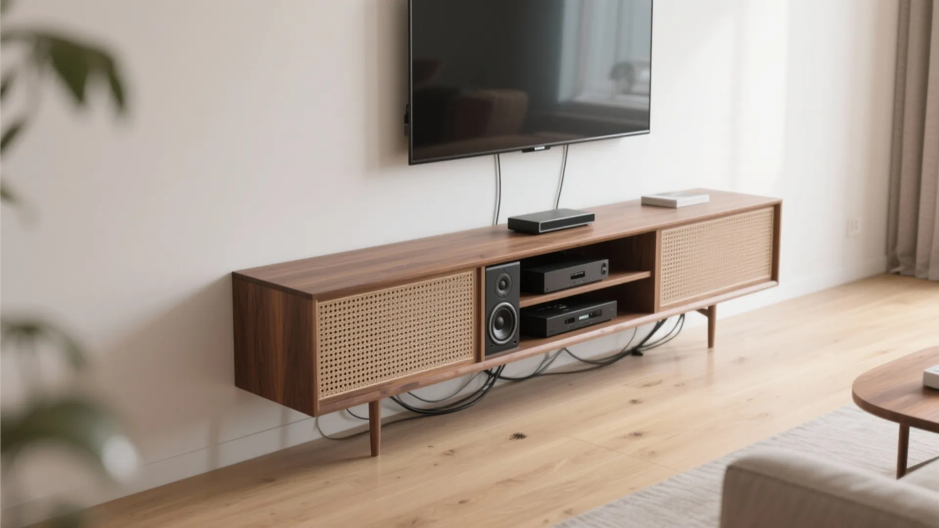 Floating Media Console with Hidden Power and Sound