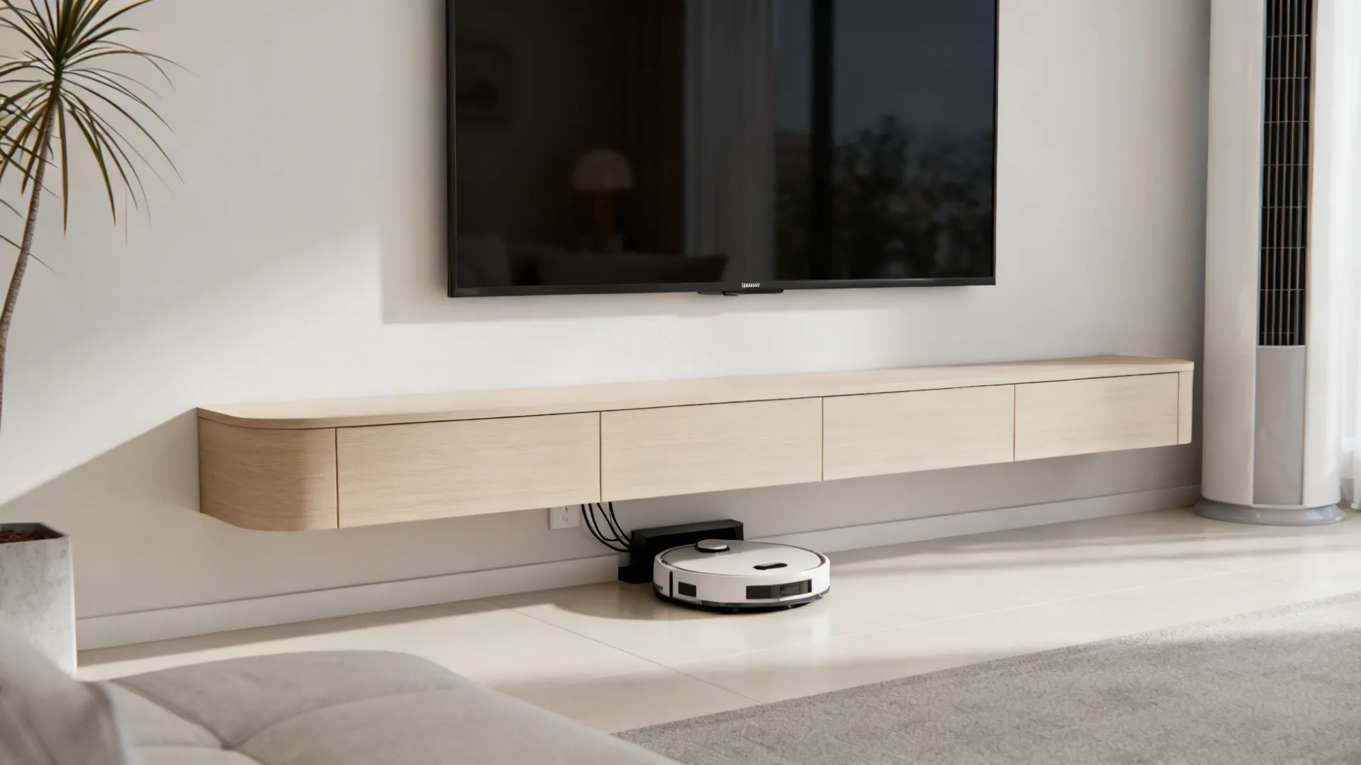 Slim floating console with hidden cable channel beneath a wall-mounted TV in a minimalist living room.