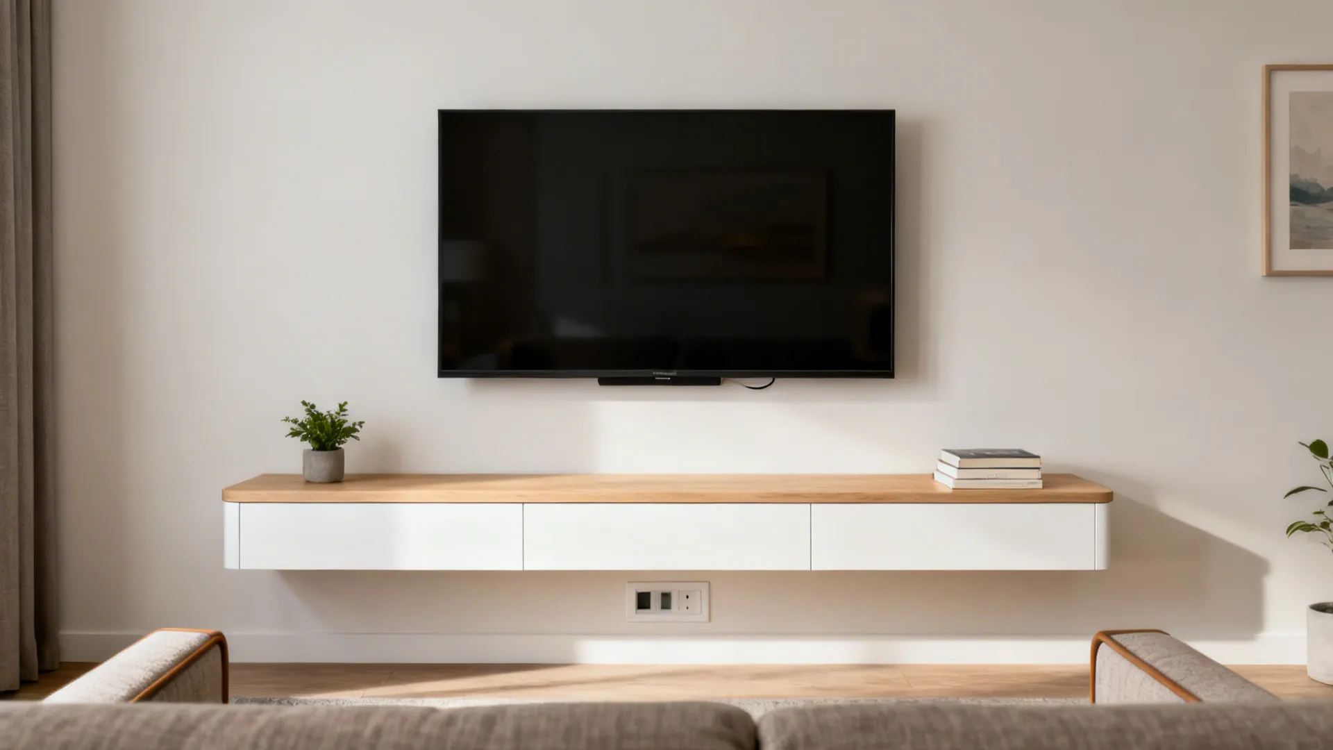Floating slim TV console under a wall-mounted TV with concealed cables in a compact living room.