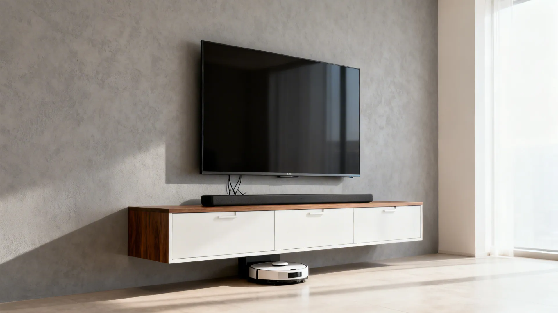 Minimal floating TV console with hidden storage under a frameless TV in a small modern living room.